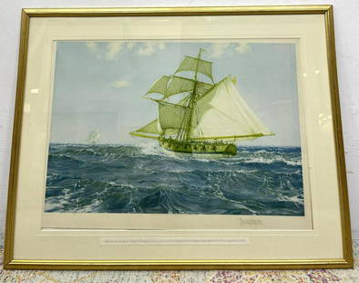 MONTAGUE DAWSON "Chasing the Smuggler" Marine Print. Sa: MONTAGUE DAWSON "Chasing the Smuggler" Marine Print. Sailboats. Signed. -- Dimensions: Image Size: H: 18 inches: W: 26 inches: D: 1 inches -- FRAME SIZE: Frame Height 25.25 inches - Frame Width 33 inc