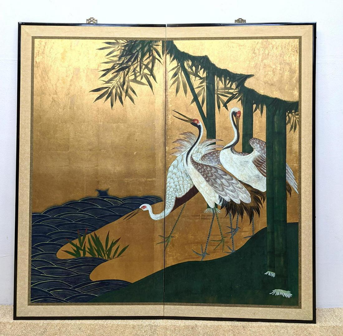 2 Panel Folding Wall Screen. Asian Style Decorated with (1 of 12)