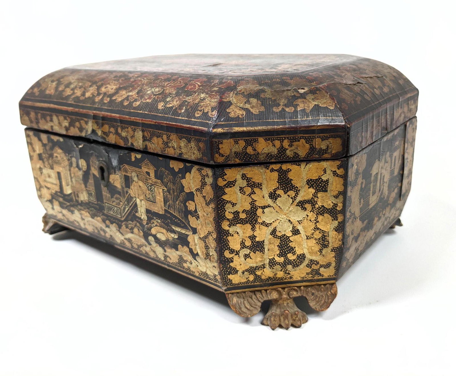 Lacquered Papier Mache Lidded Box. Vintage Octagonal Bo: Lacquered Papier Mache Lidded Box. Vintage Octagonal Box. Floral and Asian Scenic Decorations. Metal feet. Comes with some bone accessories. -- Dimensions: H: 6 inches: W: 12.5 inches: D: 9 inches ---