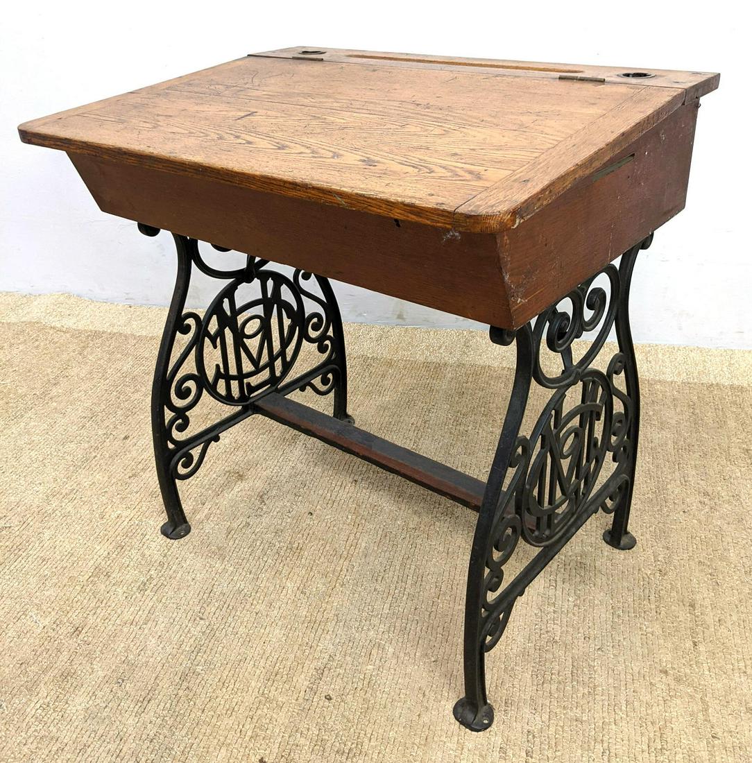 Antique Oak And Iron School House Desk. Lift Top