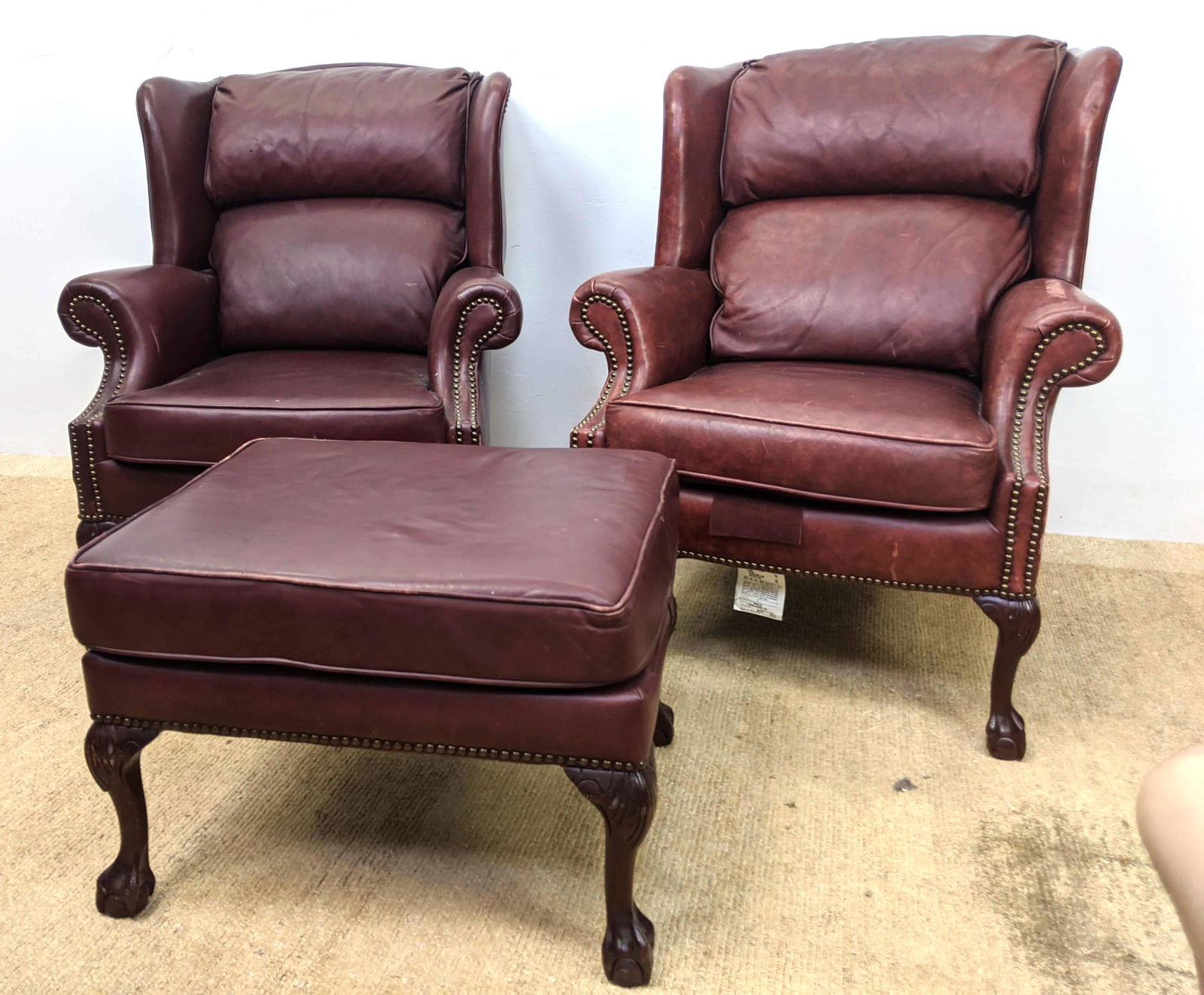3pcs Leather Wing Chairs and Ottoman. (1 of 20)