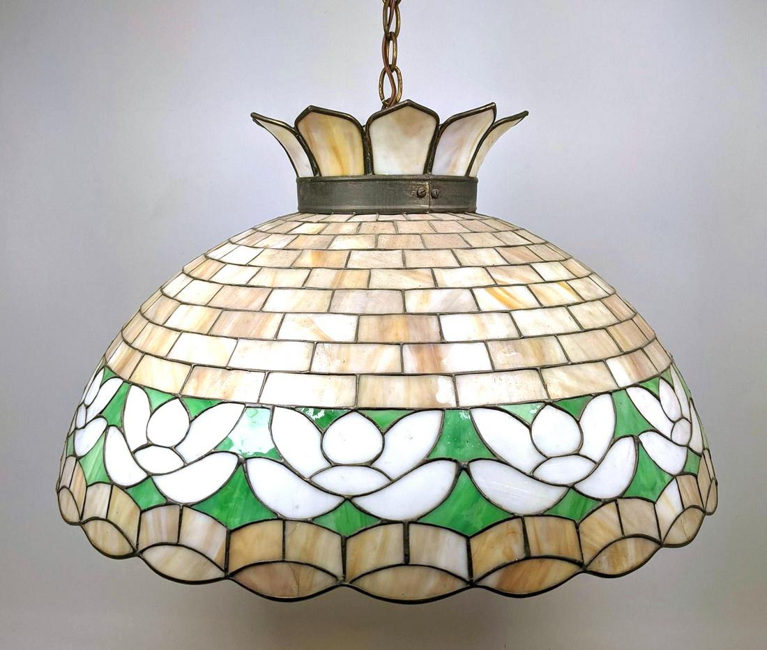 Leaded Slag Glass Chandelier Pendant Lamp. Floral Desig: Leaded Slag Glass Chandelier Pendant Lamp. Floral Design.-- Dimensions: H: 12.5 inches: W: 23.5 inches: D: 23.5 inches ---