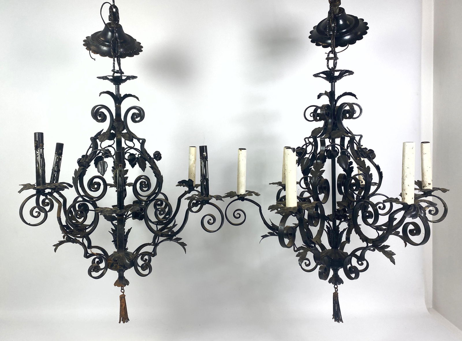 Pr Black Iron Scroll and Leaf Hanging Chandeliers. Each (1 of 16)