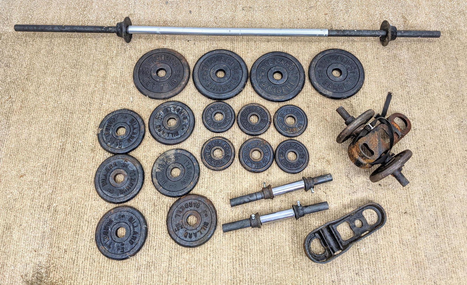 Lot Assorted BILLARD Barbell Weights Discs. Has Long ba: Lot Assorted BILLARD Barbell Weights Discs. Has Long bar, cast iron, two small bars, shoe weights. Vintage. -- Dimensions: H: 8.25 inches: W: 8.25 inches ---