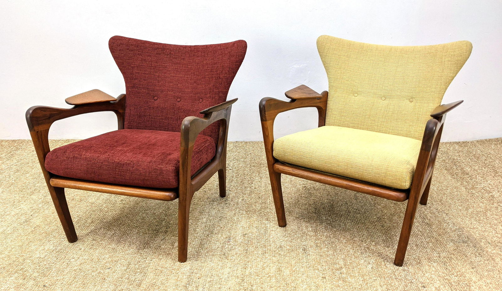 Pr ADRIAN PEARSALL Walnut Arm Lounge Chairs. Paddle arm: Pr ADRIAN PEARSALL Walnut Arm Lounge Chairs. Paddle arms with flared backs. Reupholstered. -- Dimensions: H: 31 inches: W: 28 inches: D: 30 inches ---