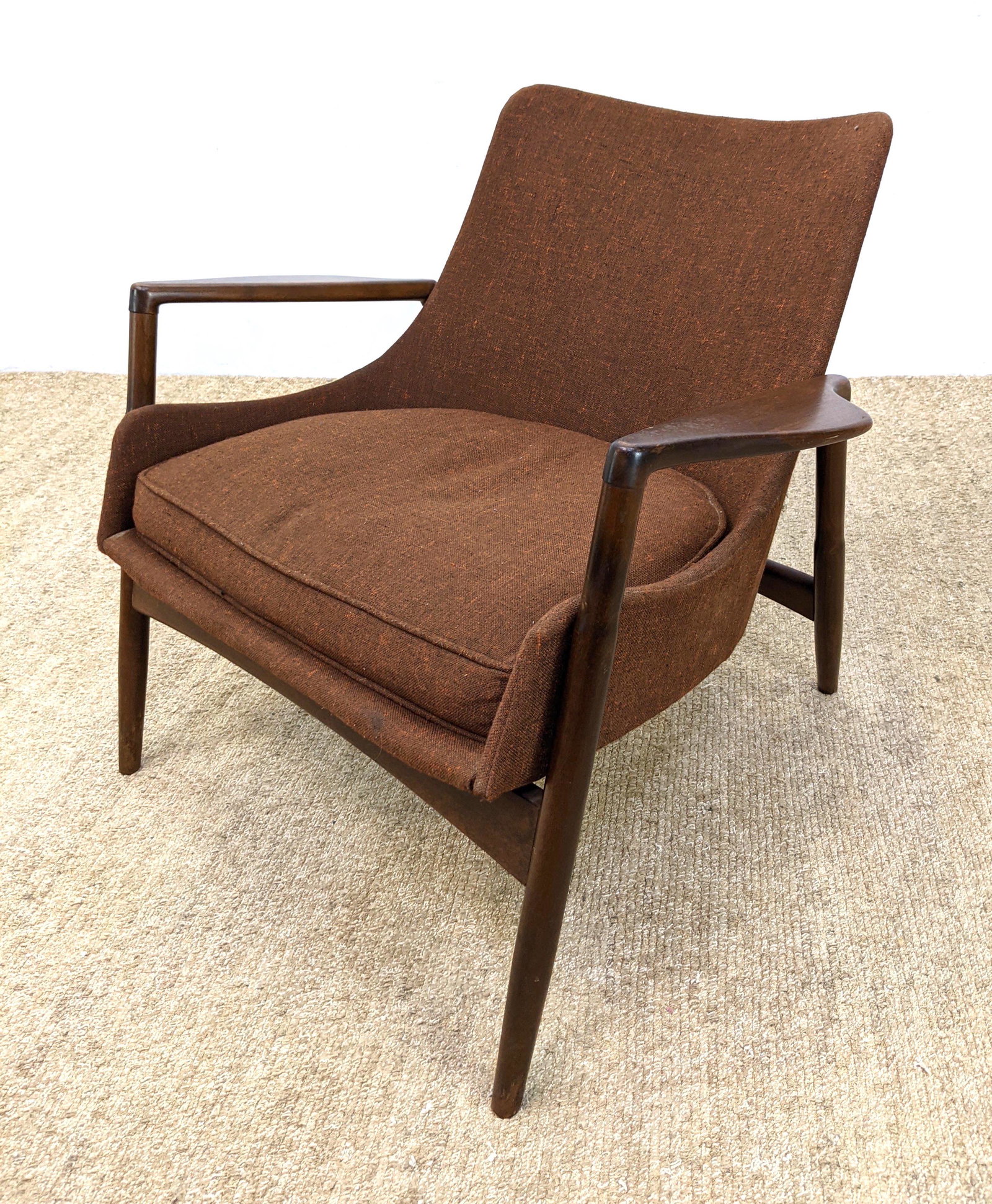 SELIG Danish Modern Wood Frame Lounge Chair. Brown twee: SELIG Danish Modern Wood Frame Lounge Chair. Brown tweed upholstery. SELIG Tag-- Dimensions: H: 27 inches: W: 32 inches: D: 25 inches ---