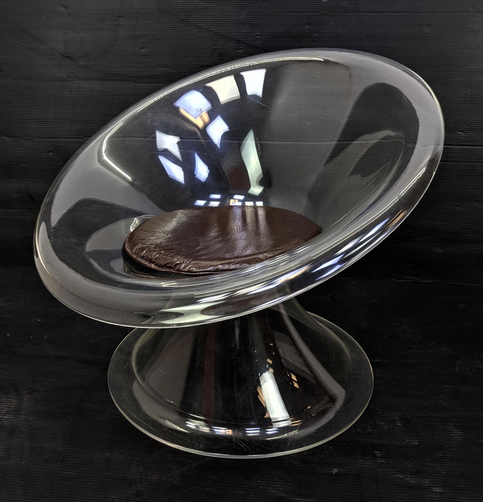 Erwin & Estelle Laverne Buttercup Lucite Chair. Molded: Erwin & Estelle Laverne Buttercup Lucite Chair. Molded Clear Plastic Lounge Chair. Swollen pedestal base. Brown cushion. Unsigned.-- Dimensions: H: 24.5 inches: W: 31 inches: D: 31 inches ---