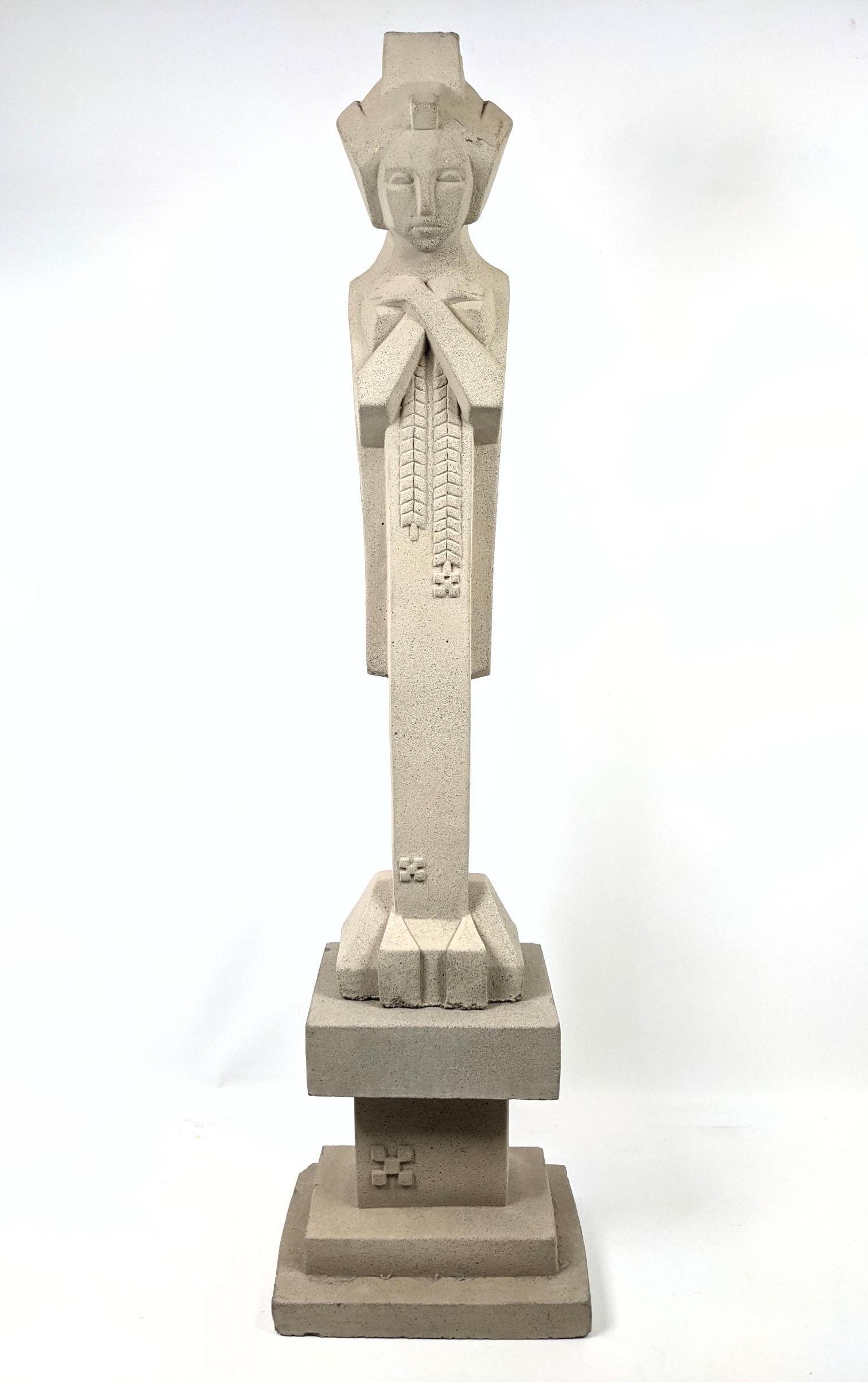 FRANK LLOYD WRIGHT "Sprite" Caryatid Sculpture. Female: FRANK LLOYD WRIGHT "Sprite" Caryatid Sculpture. Female Sculpture with two separate bases. A small version of the column from Midway Gardens complex, Chicago, Illinois. Outdoor. Garden statuary.-- Dime