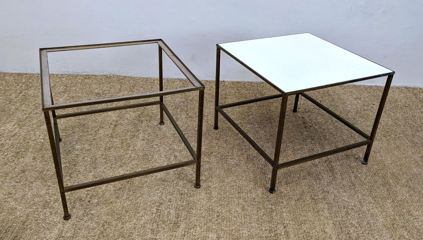 Pr PAUL McCOBB Brass Frame Side Tables. One Table with: Pr PAUL McCOBB Brass Frame Side Tables. One Table with inset Vitralite Milk Glass Top. Second is missing top; BASE ONLY. -- Dimensions: H: 16 inches: W: 18.5 inches: D: 19.5 inches ---