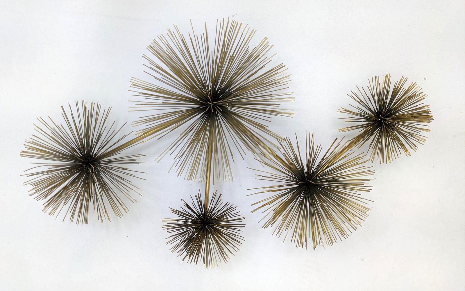 Signed C JERE 5 Pom Pom Wall Sculpture. Modernist Gold: Signed C JERE 5 Pom Pom Wall Sculpture. Modernist Gold Tone Sculpture. Signed and dated.-- Dimensions: H: 25 inches: W: 42 inches ---