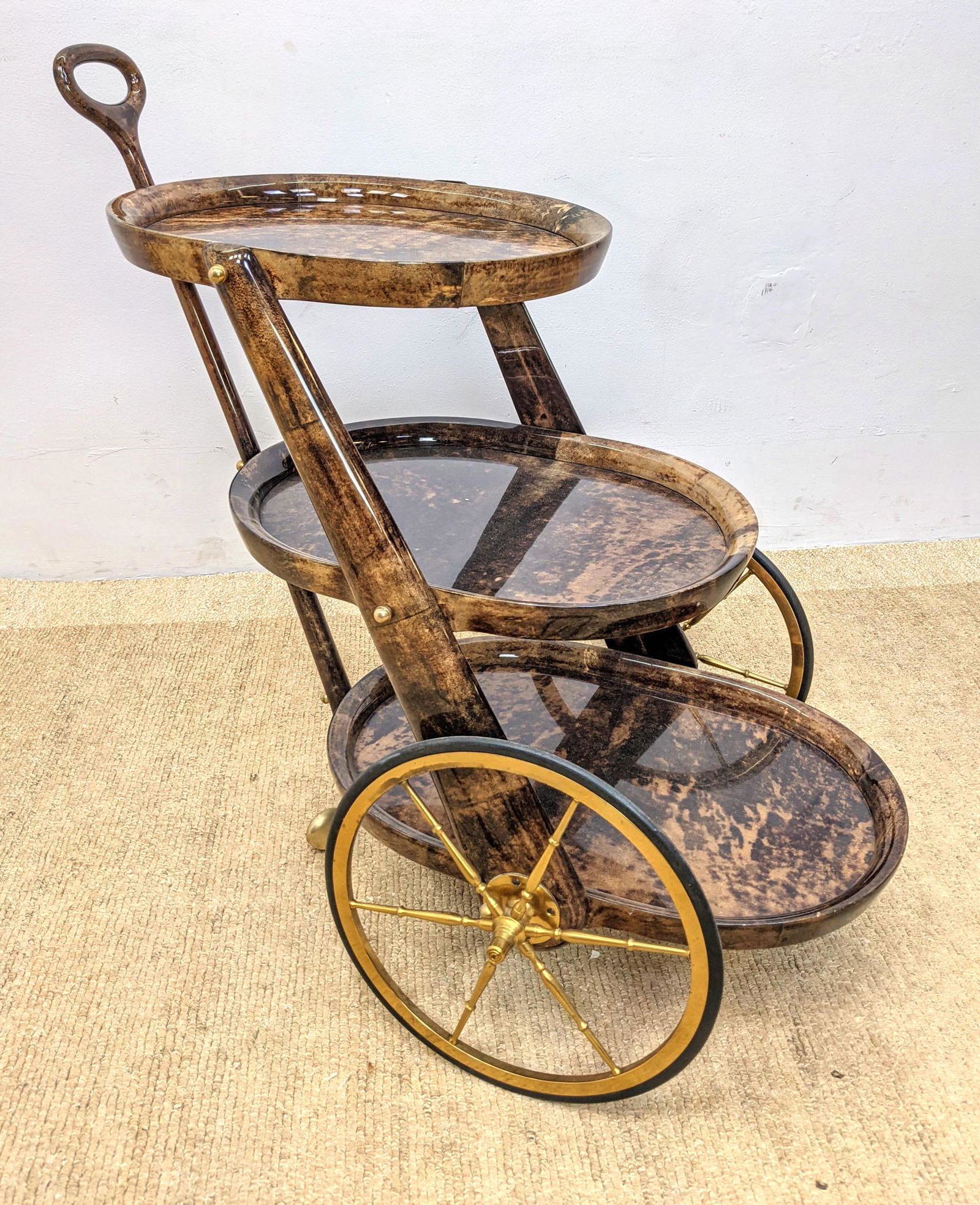 ALDO TURA Lacquered Goatskin Rolling Cart. Tri-Level Ba: ALDO TURA Lacquered Goatskin Rolling Cart. Tri-Level Bar Tea Serving Cart with large wheels. Label. Italian Modern Design. -- Dimensions: H: 36 inches: W: 35 inches: D: 25 inches ---