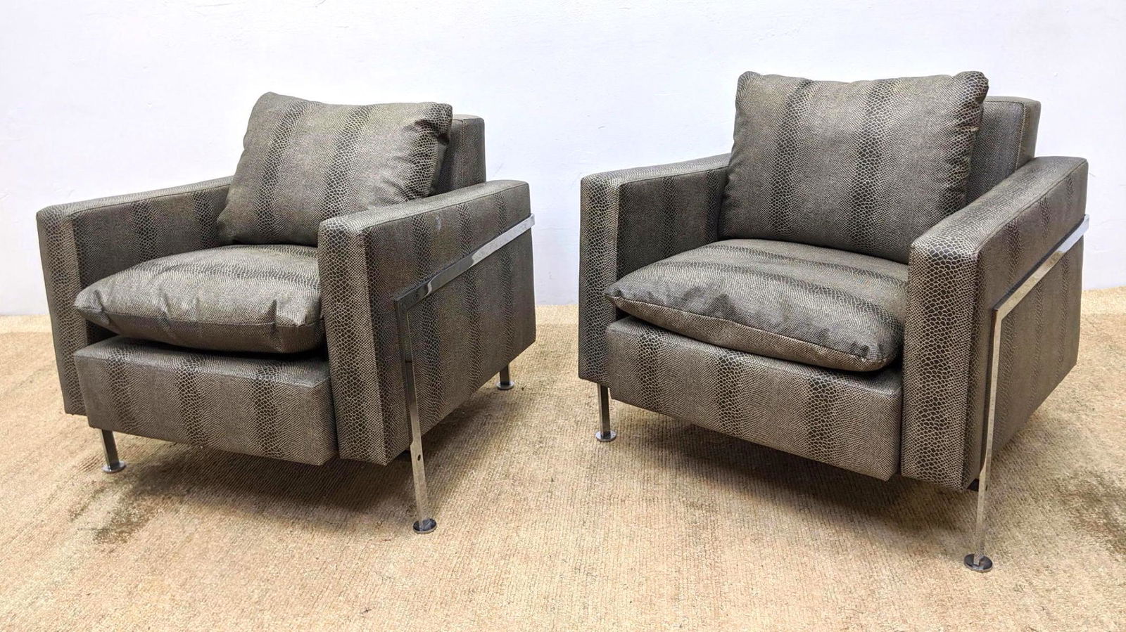 Pair ROBERT HAUSSMANN Club Lounge Chairs. Chromed Stee: Pair ROBERT HAUSSMANN Club Lounge Chairs. Chromed Steel with Gray Faux Lizard Lounge Chairs. Flat chrome frames with wide upholstered arms. De Sede. Unmarked. -- Dimensions: H: 31 inches: W: 33.5 inch