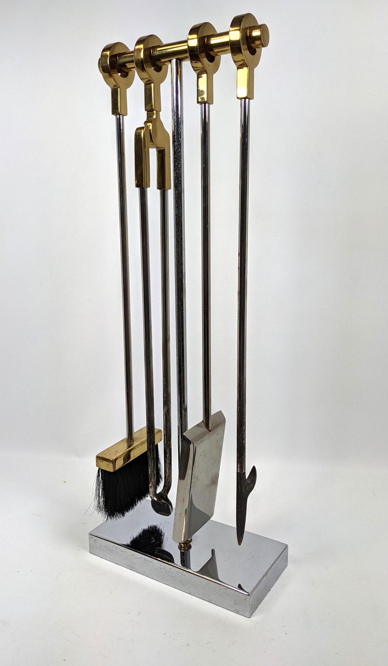 Virginia Metal Crafters Attributed Fireplace Tools. Set: Virginia Metal Crafters Attributed Fireplace Tools. Set of tools with ring handles. Brass and Chrome.-- Dimensions: H: 30.5 inches: W: 11.5 inches: D: 5.5 inches ---