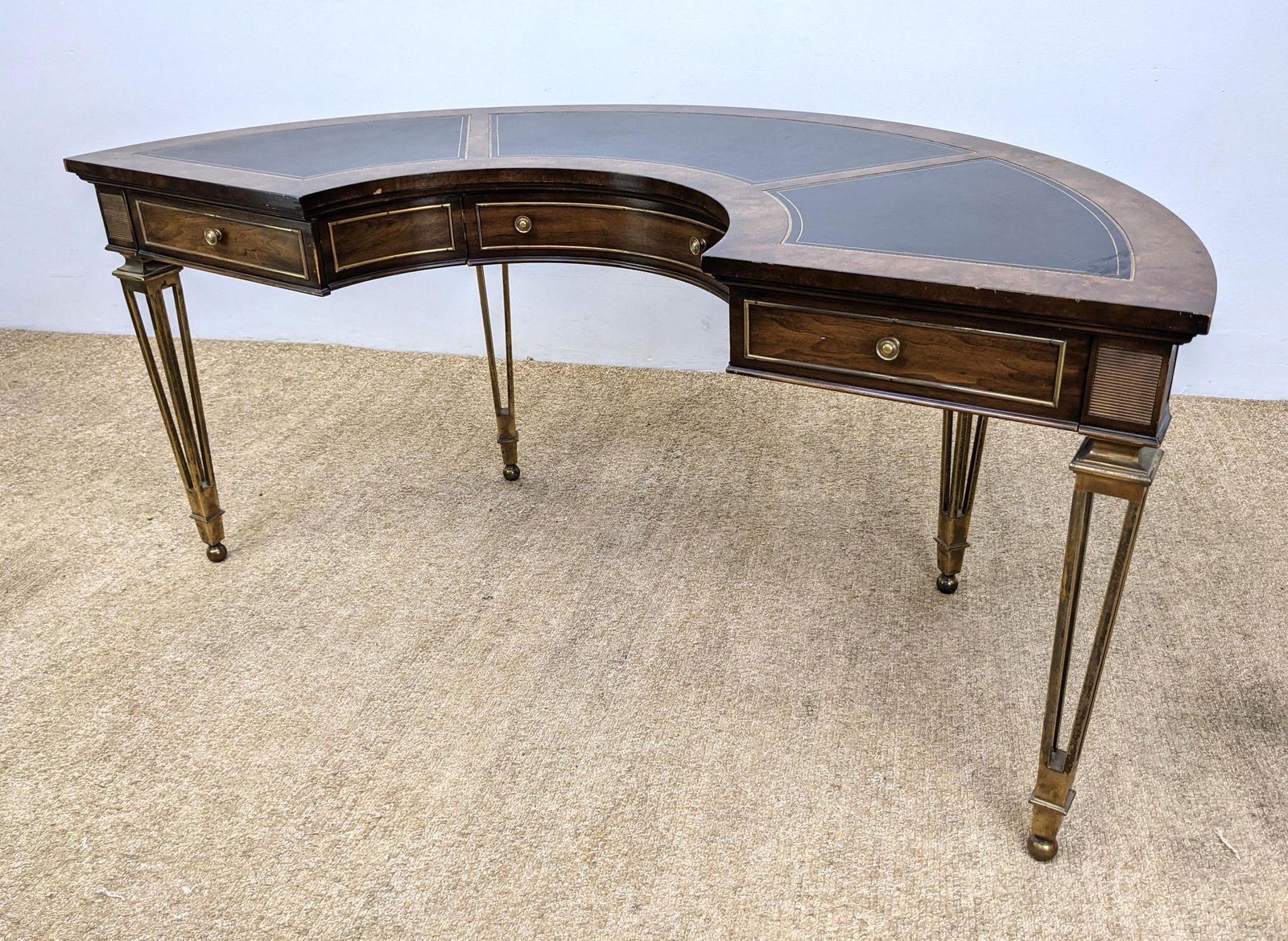 MASTERCRAFT Brass and Burl Wood Desk. U shaped desk wit: MASTERCRAFT Brass and Burl Wood Desk. U shaped desk with open angled legs. Demi Lune Desk.-- Dimensions: H: 29.75 inches: W: 64 inches: D: 33 inches ---