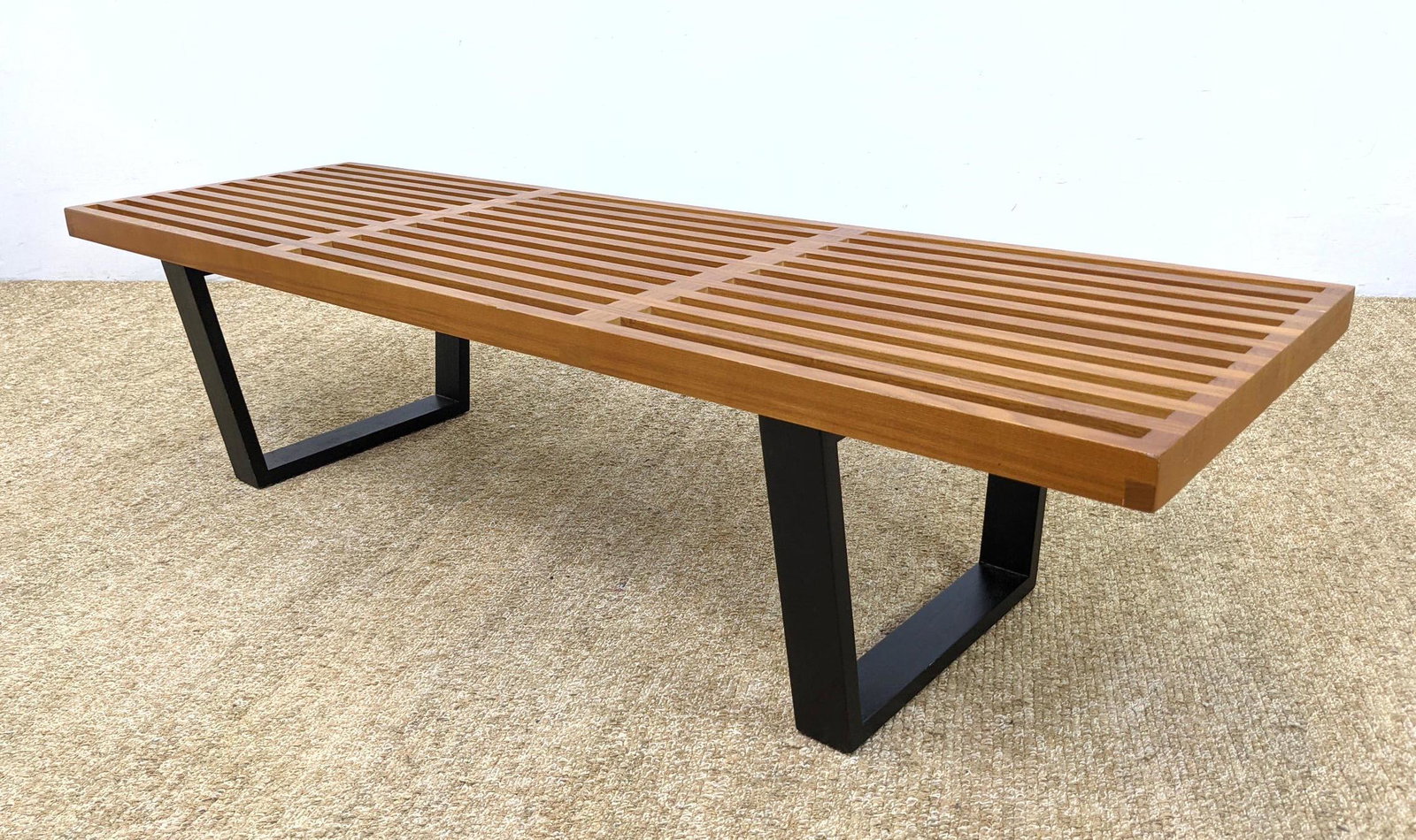 GEORGE NELSON style Modernist Slat Bench Table. Eboniz: GEORGE NELSON style Modernist Slat Bench Table. Ebonized Legs. Iconic Design. -- Dimensions: H: 14 inches: W: 60 inches: D: 18 inches ---
