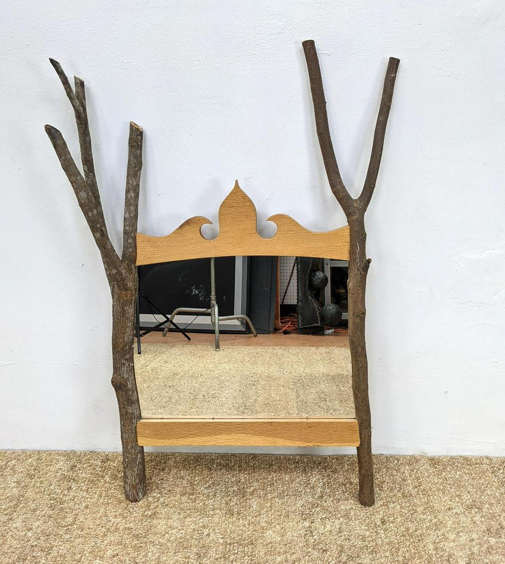 Artisan American Craft Wall Mirror. Natural Twig Frame: Artisan American Craft Wall Mirror. Natural Twig Frame with decorative maple crest. Cottage style. Marked Legendary #187. -- Dimensions: H: 42 inches: W: 31 inches: D: 5 inches ---
