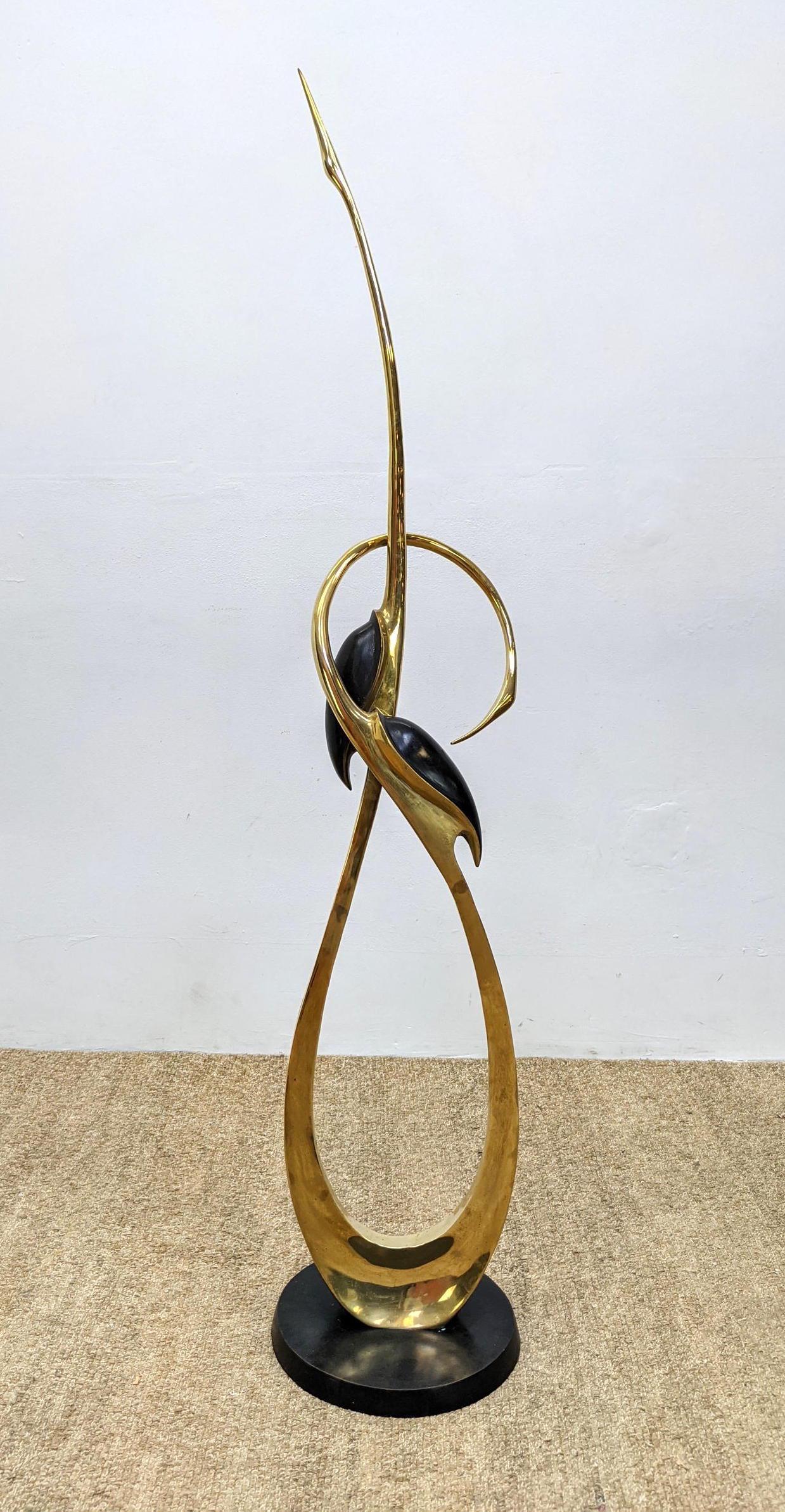 Tall Elegant Modernist Brass Double Bird Sculpture. Bla: Tall Elegant Modernist Brass Double Bird Sculpture. Black highlights and base. -- Dimensions: H: 65 inches: W: 13 inches: D: 13 inches ---