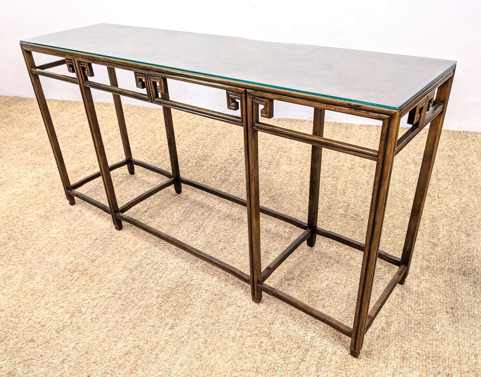 Michael Taylor for Baker Burl Wood Console Sofa Table.: Michael Taylor for Baker Burl Wood Console Sofa Table. Removable glass top. Far East Collection.-- Dimensions: H: 28 inches: W: 54 inches: D: 14.5 inches ---