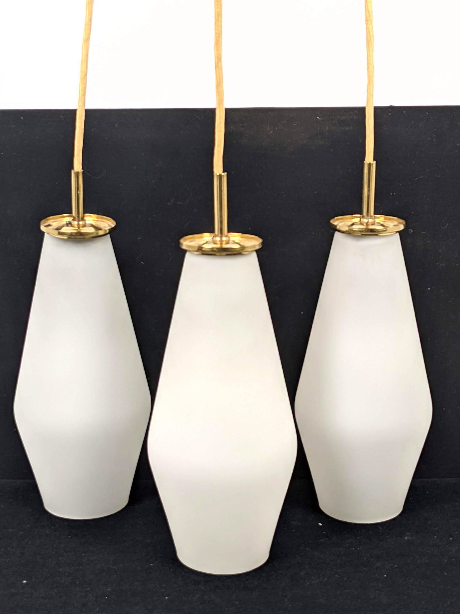 3pc Paavo Tynell Frosted Glass Modernist Pendant Lights: 3pc Paavo Tynell Frosted Glass Modernist Pendant Lights. Brass Trim. -- Dimensions: ---