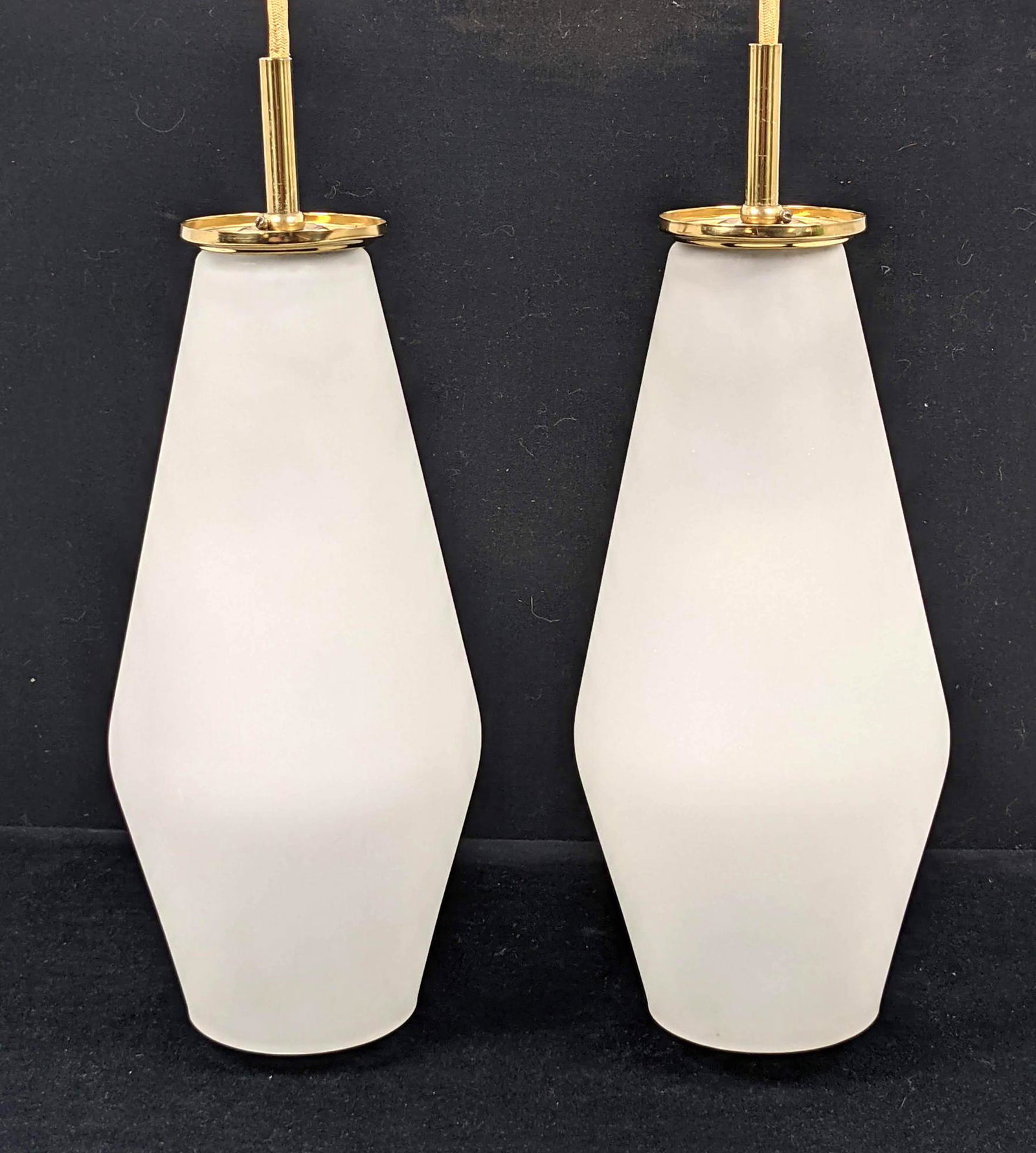 Pr Paavo Tynell Frosted Glass Modernist Pendant Lights.: Pr Paavo Tynell Frosted Glass Modernist Pendant Lights. Brass Trim. -- Dimensions: H: 15.5 inches: W: 6 inches: D: 6 inches ---