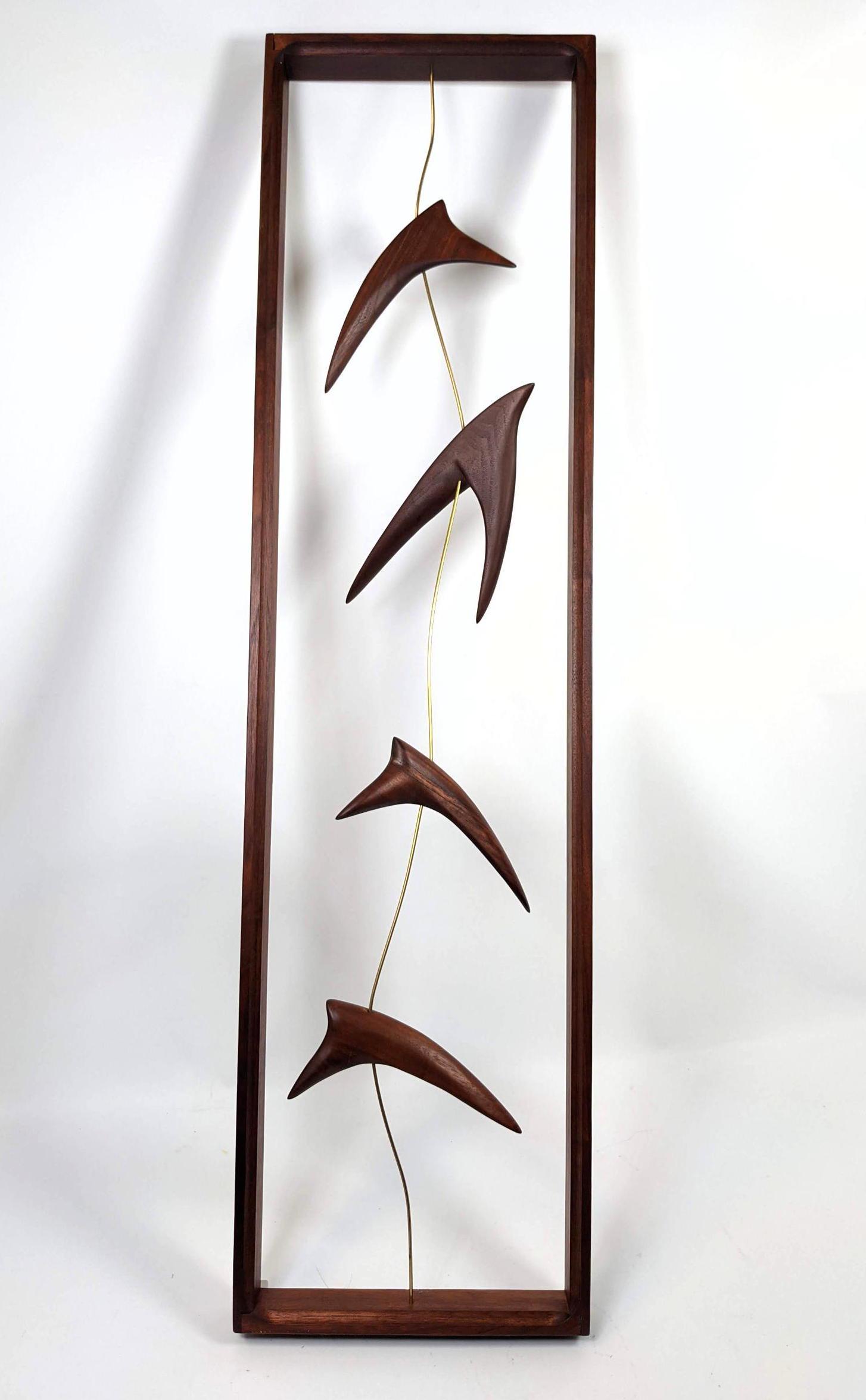 VAL ROBBINS Wall Sculpture. Four Carved Wood Elements s: VAL ROBBINS Wall Sculpture. Four Carved Wood Elements suspended in Wood Frame. Modernist Sculpture-- Dimensions: H: 48 inches: W: 14 inches: D: 2 inches ---