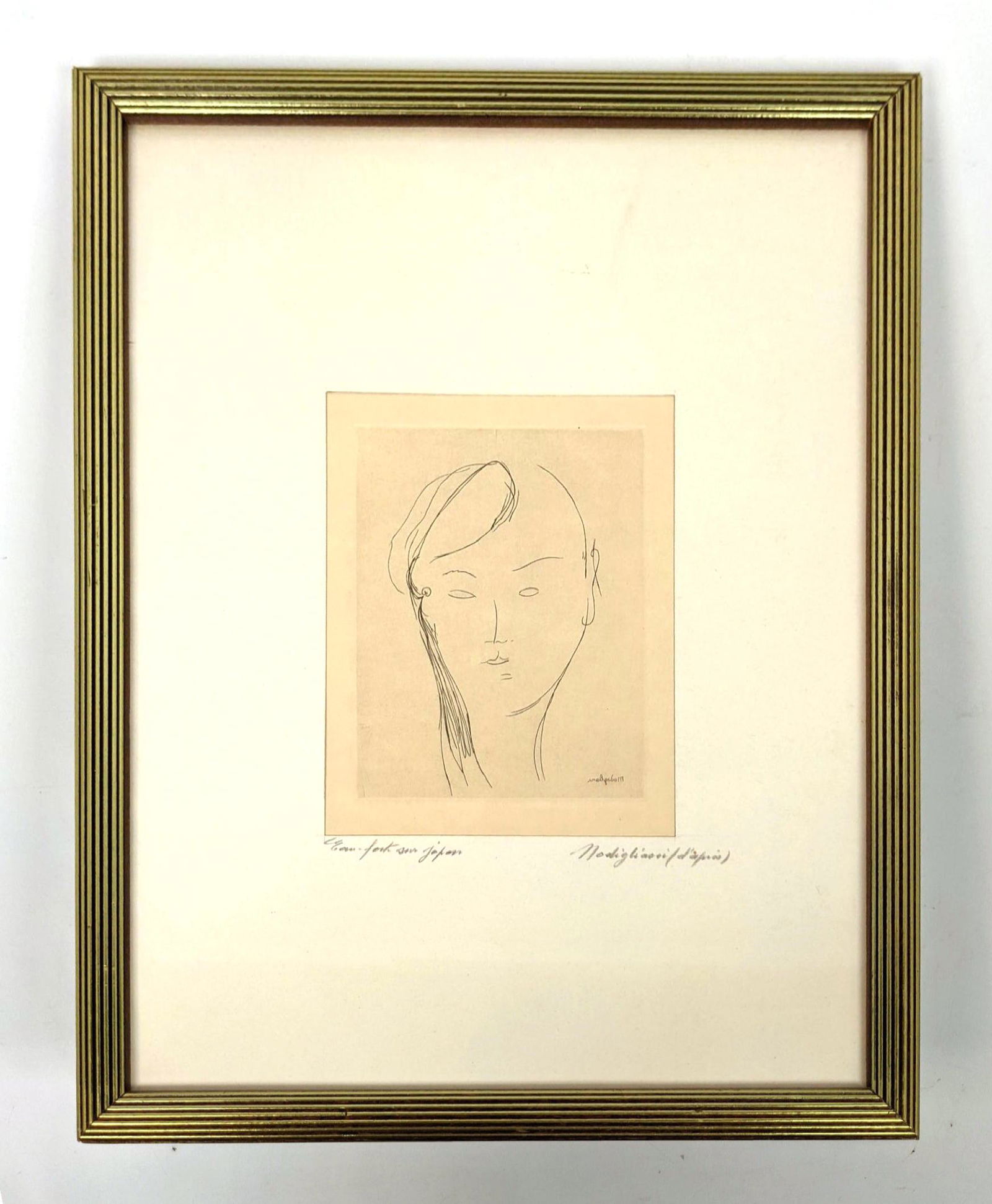 After Apres Modigliani Portrait of Woman Etching. Tete: After Apres Modigliani Portrait of Woman Etching. Tete de Jeune Fille. Amedeo Modigliani. -- Dimensions: Image Size: H: 7.25 inches: W: 5.5 inches -- FRAME SIZE: Frame Height 17.5 inches - Frame Width
