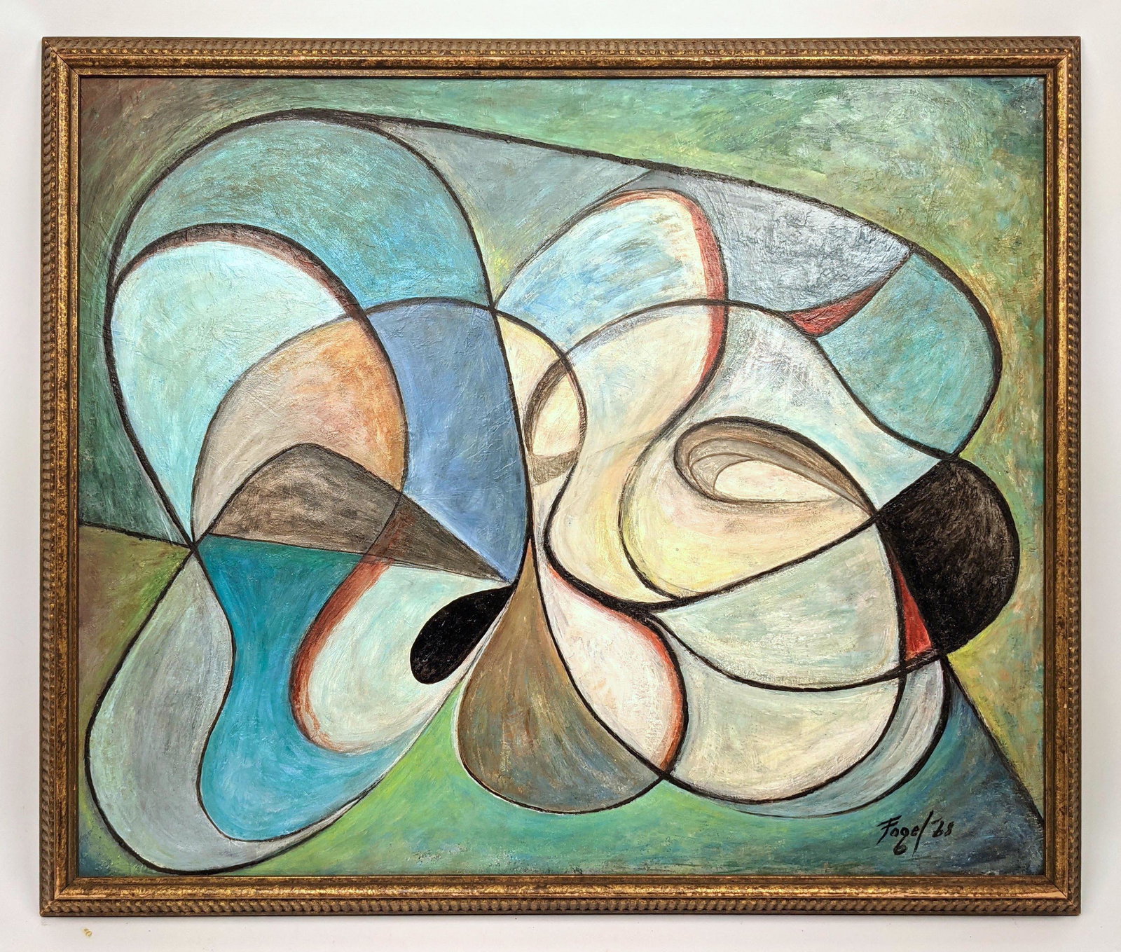 FOGEL 68 Abstract Modern Painting on Board. Attributed: FOGEL 68 Abstract Modern Painting on Board. Attributed to Seymour Fogel.-- Dimensions: Image Size: H: 20.5 inches: W: 24.5 inches -- FRAME SIZE: Frame Height 23 inches - Frame Width 27.5 inches ---