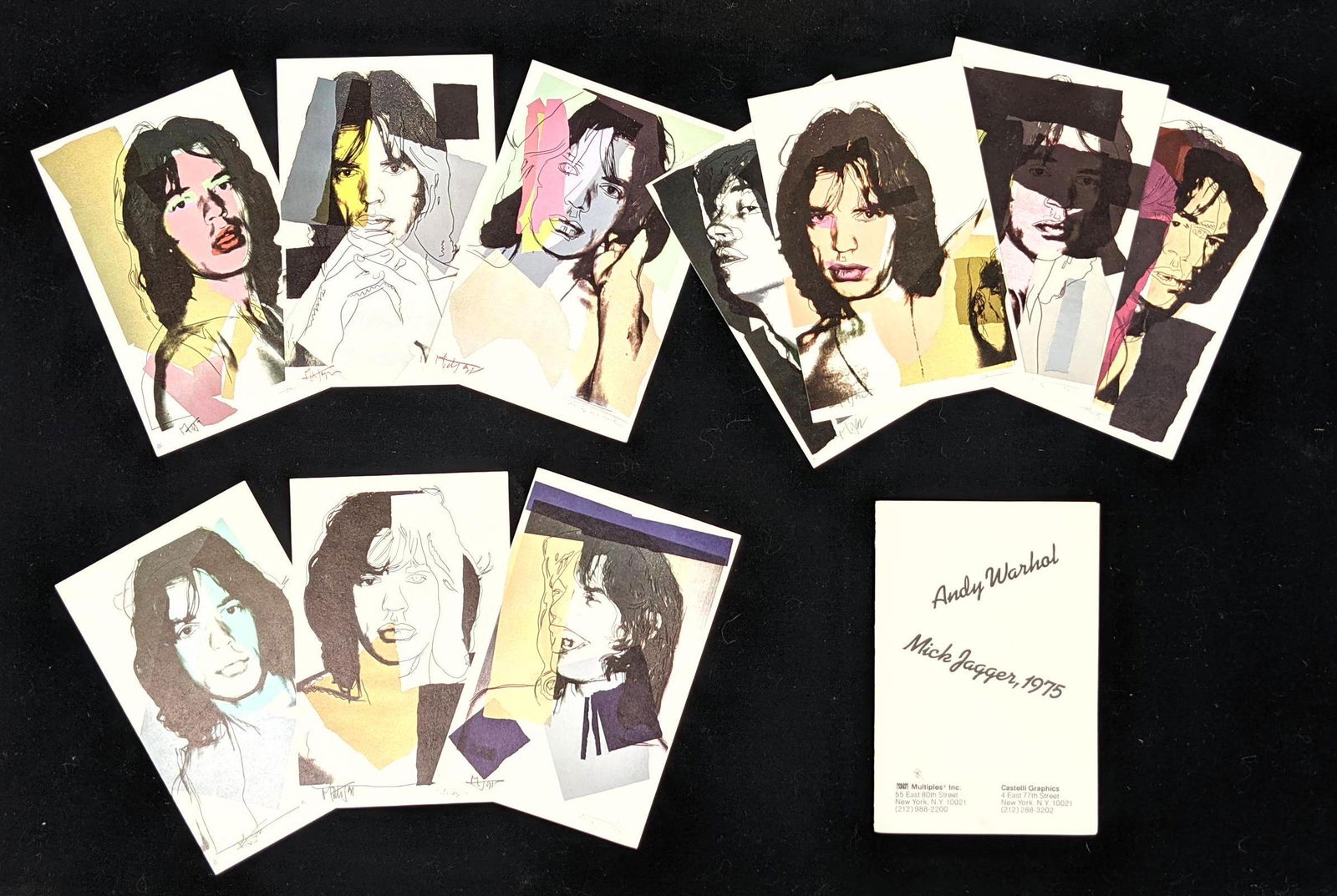 CASTELLI GRAPHICS Mick Jagger by Andy Warhol Cards. The: CASTELLI GRAPHICS Mick Jagger by Andy Warhol Cards. These are Ten 4" x6" cards announcing the anticipated portfolio of larger WARHOL prints. This collection includes the announcement card.-- Dimension