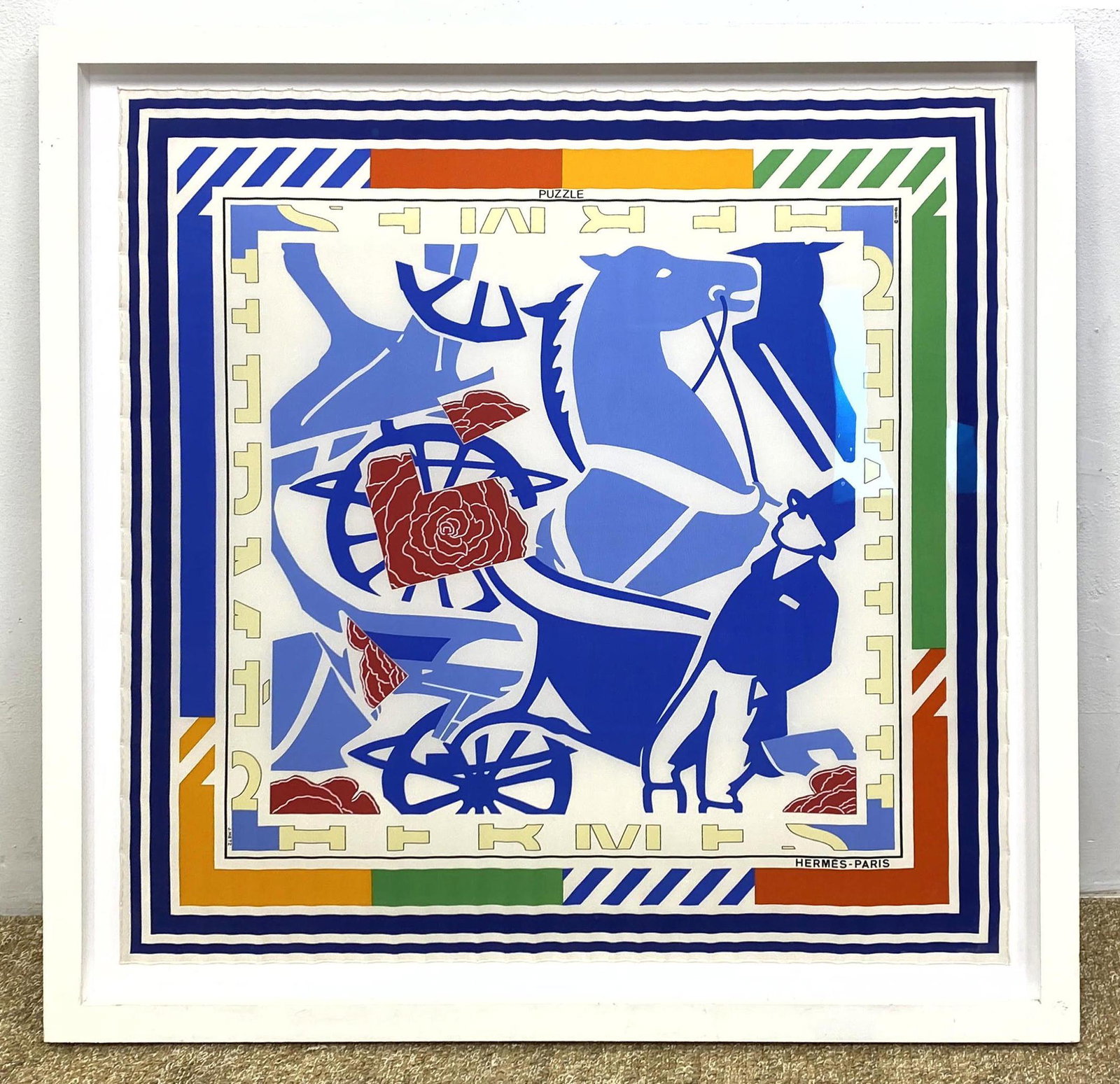 Framed HERMES PARIS Silk Scarf. J. METX "Puzzle" Scarf.: Framed HERMES PARIS Silk Scarf. J. METX "Puzzle" Scarf. Horse and Carriage. Rolled edges. -- Dimensions: Image Size: H: 35 inches: W: 35 inches -- FRAME SIZE: Frame Height 41 inches - Frame Width 41 i