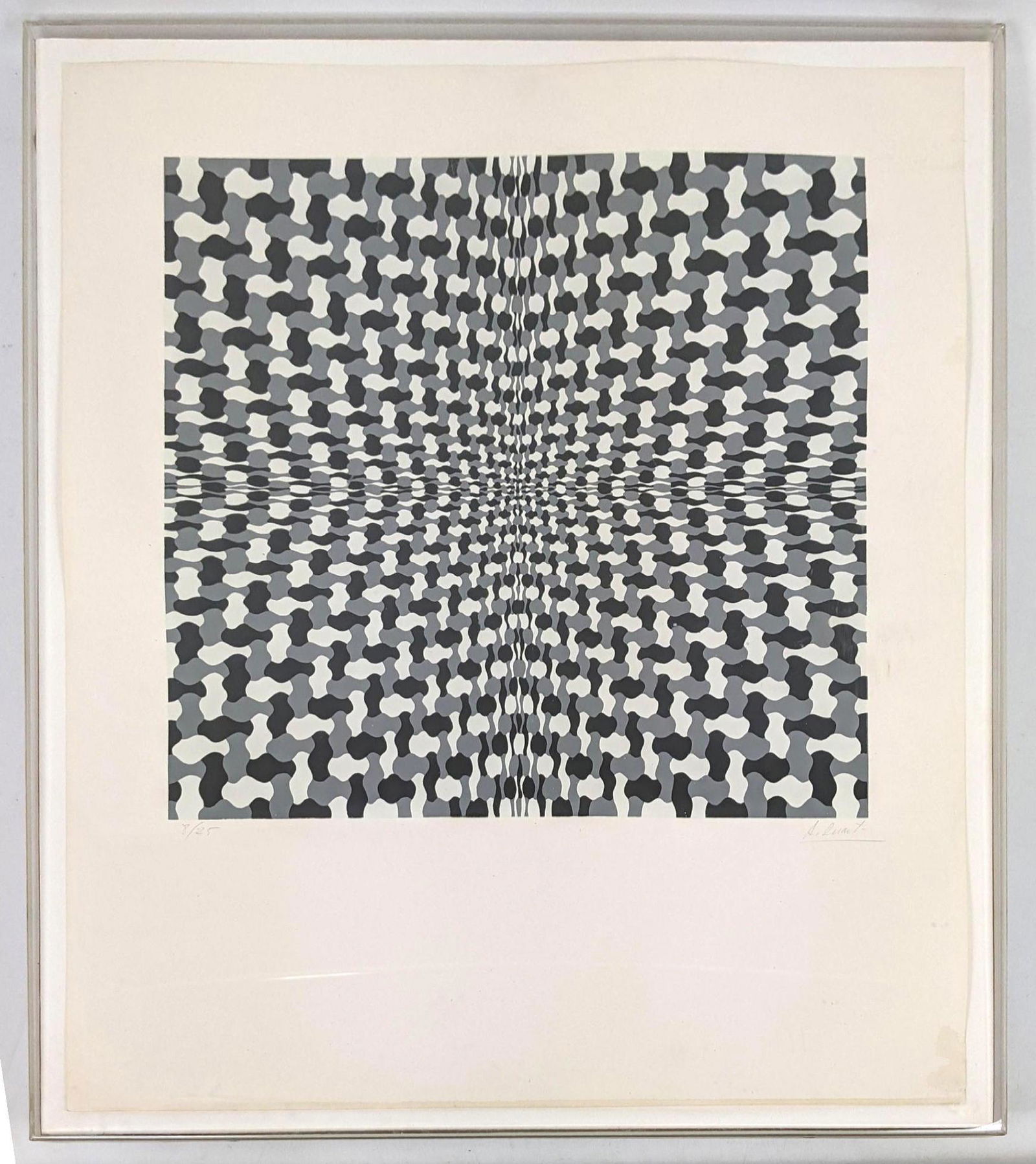 ANGEL DUARTE Op Art Silkscreen Print. Black, Gray and W: ANGEL DUARTE Op Art Silkscreen Print. Black, Gray and White Modernist Print. Titled: SE 5. Pencil Signed. 1968. #8/25.-- Dimensions: Image Size: H: 23 inches: W: 19 inches -- FRAME SIZE: Frame Height