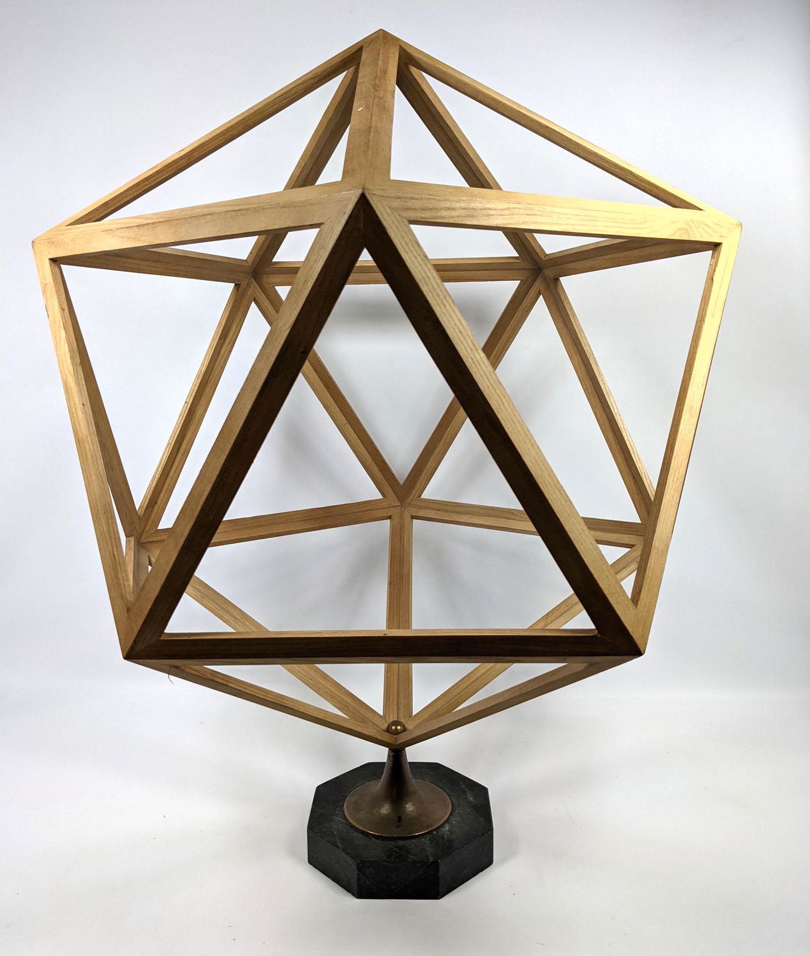 Large Wood Table Sculpture Inspired by Buckminster Full: Large Wood Table Sculpture Inspired by Buckminster Fuller. Marble base.-- Dimensions: H: 35 inches: W: 25 inches: D: 25 inches ---