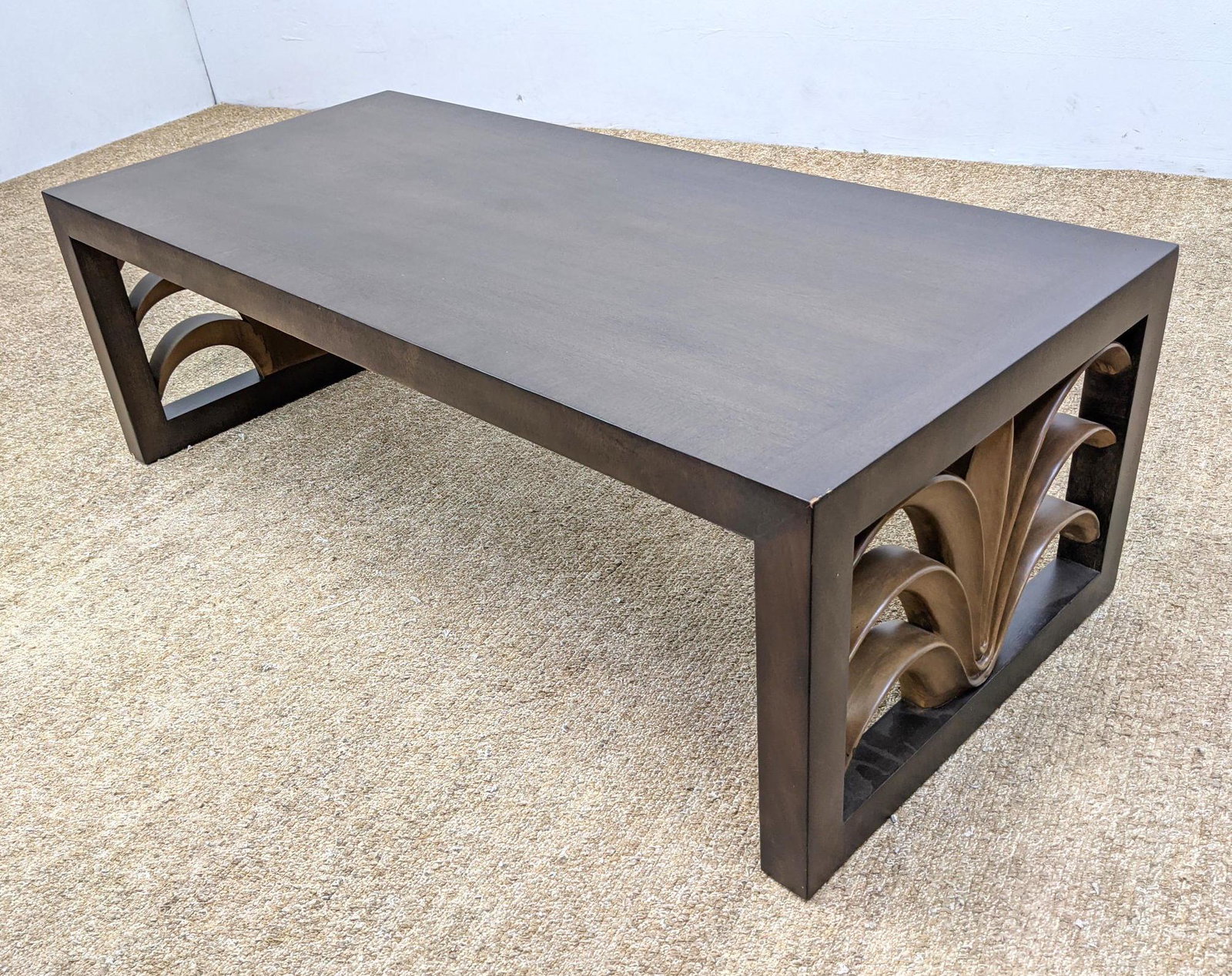 ROBSJOHN GIBBINGS for WIDDICOMB Carved Leaf Table. Coff: ROBSJOHN GIBBINGS for WIDDICOMB Carved Leaf Table. Coffee Cocktail Table with carved stylized leaf sides. Widdicomb label. -- Dimensions: H: 16 inches: W: 48 inches: D: 22 inches ---