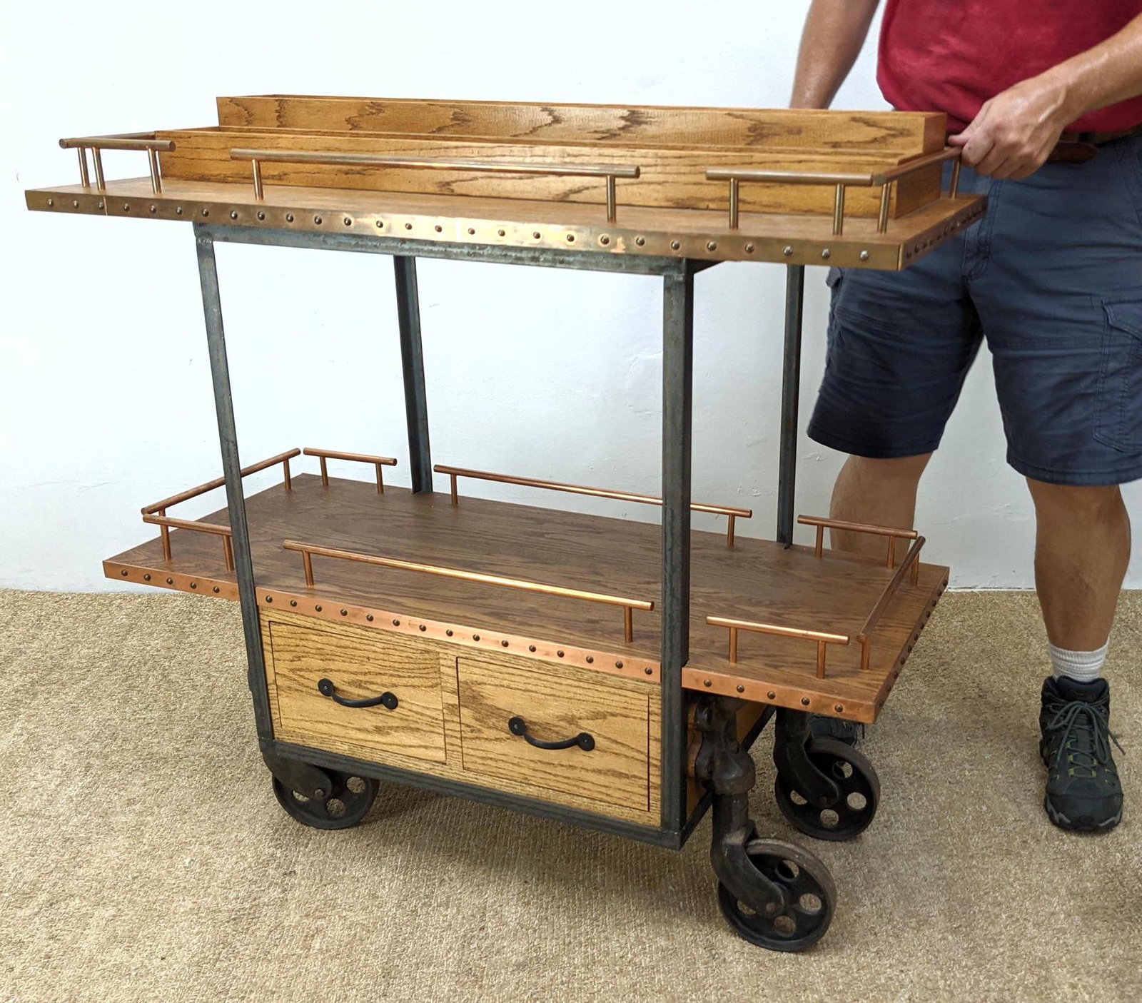 Artisan Industrial Steampunk Rolling Serving Cart. Iron: Artisan Industrial Steampunk Rolling Serving Cart. Iron wheels. Copper banded.-- Dimensions: H: 41 inches: W: 44 inches: D: 20 inches ---