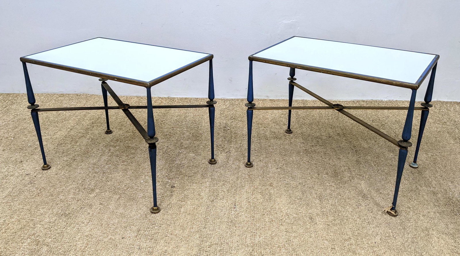 Pr Parzinger Style Italian Regency Side Tables. Glass T: Pr Parzinger Style Italian Regency Side Tables. Glass Top Metal Side Tables. Stylish Metal legs with blue paint highlights. -- Dimensions: H: 22 inches: W: 28.5 inches: D: 19.5 inches ---