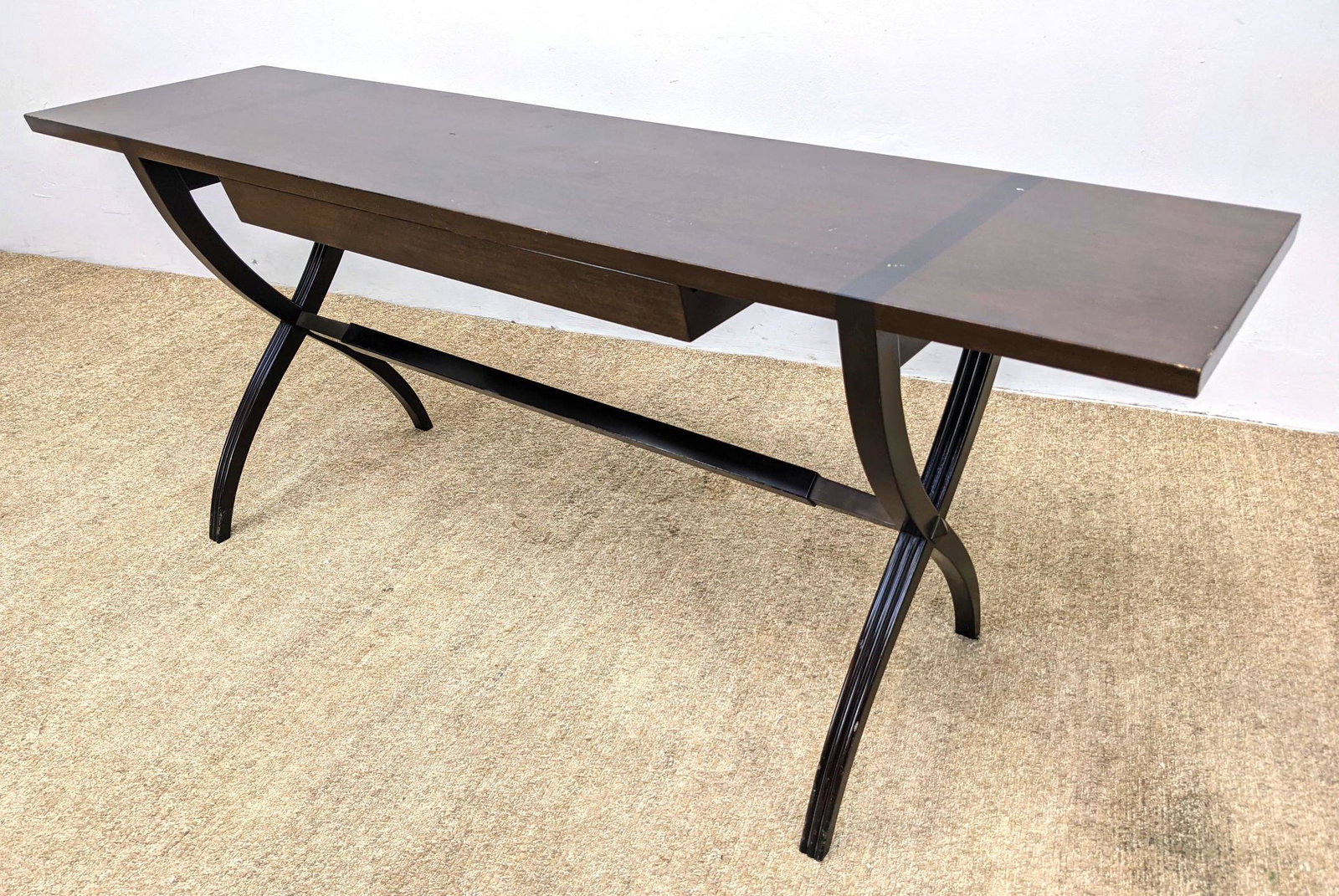 DUNBAR American Modern Writing Desk. Sofa Console Table: DUNBAR American Modern Writing Desk. Sofa Console Table. Elegant Reeded Crossed Saber Leg Base. Dunbar metal tag. -- Dimensions: H: 29 inches: W: 72 inches: D: 19 inches ---