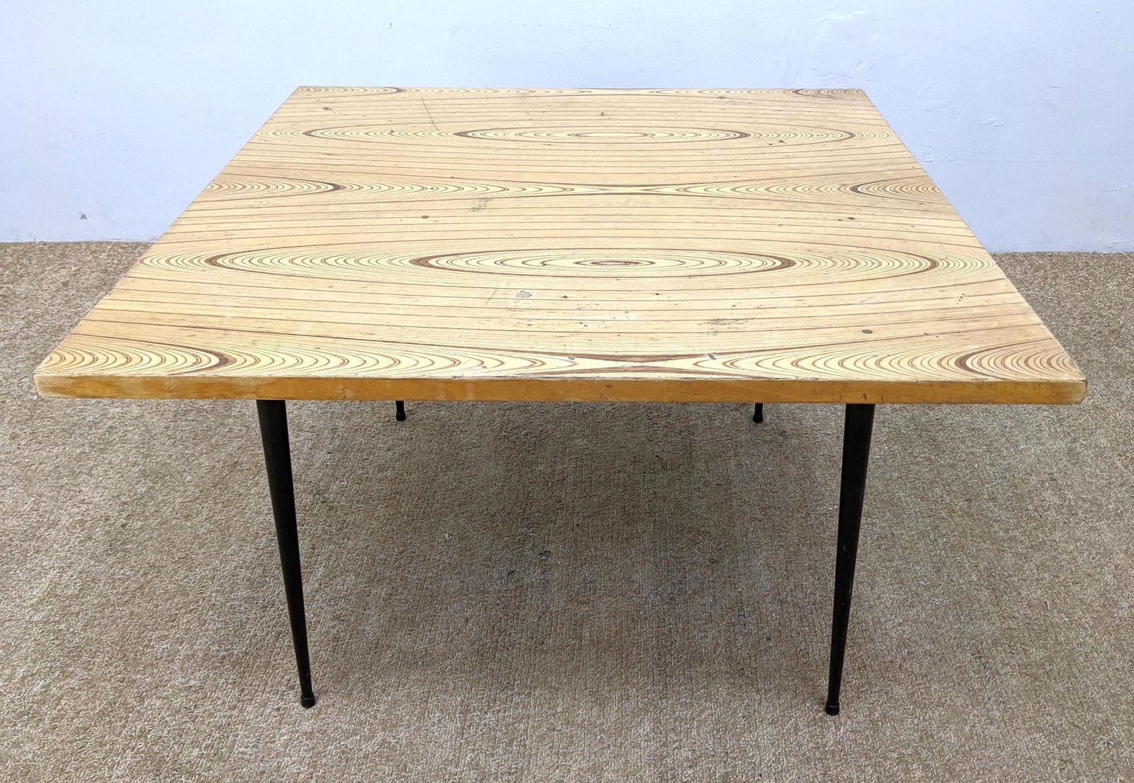 TAPIO WIRKKALA for ASKO Finland Coffee Table. Modernist: TAPIO WIRKKALA for ASKO Finland Coffee Table. Modernist Square Top Cocktail Table. Strong Grain Details. Tapered black legs. Marked. -- Dimensions: H: 22 inches: W: 35.5 inches: D: 35.5 inches ---