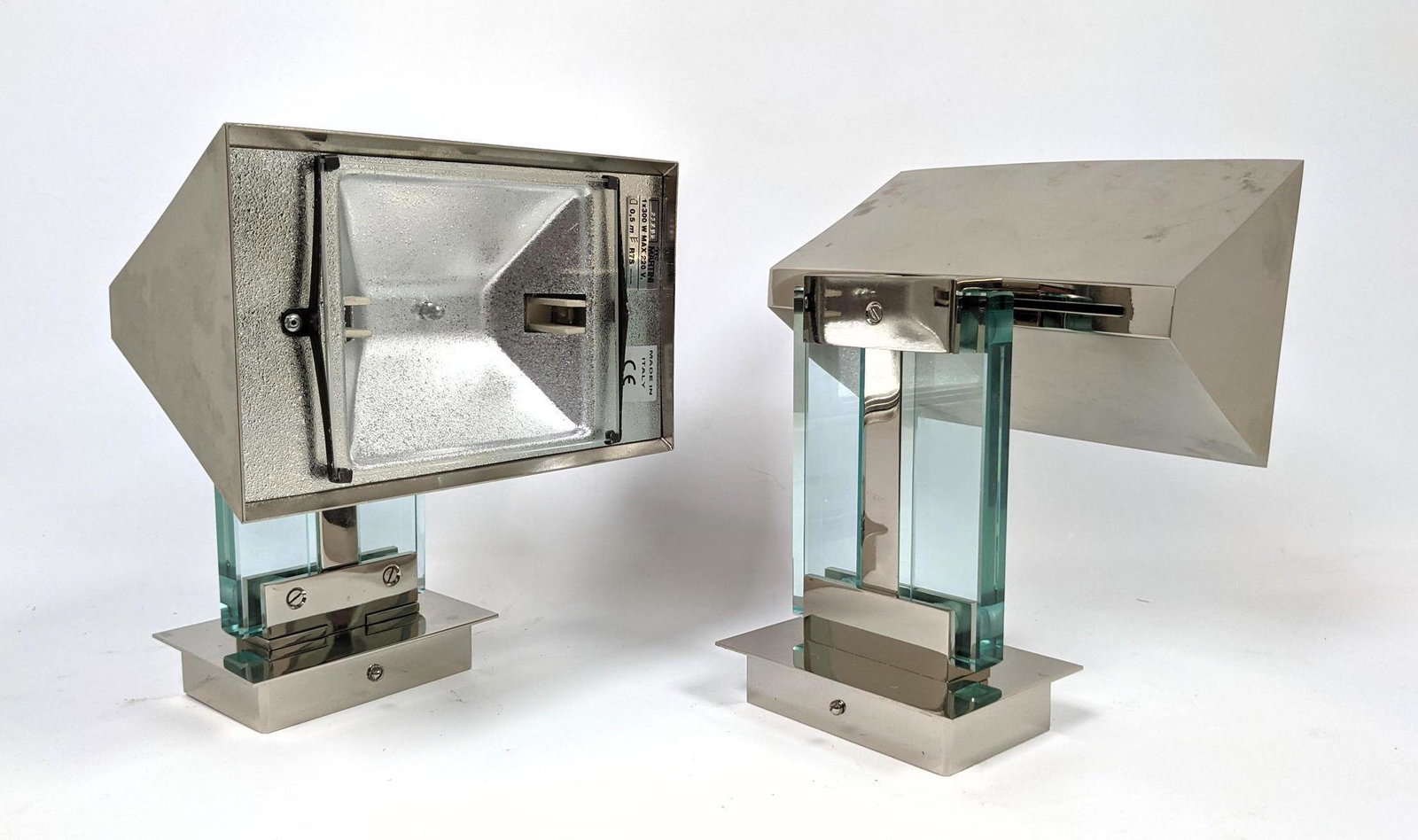 Pair Heavy MARTINI Chrome Wall Sconces. Made in Italy.: Pair Heavy MARTINI Chrome Wall Sconces. Made in Italy.-- Dimensions: H: 9 inches: W: 10 inches: D: 6 inches ---