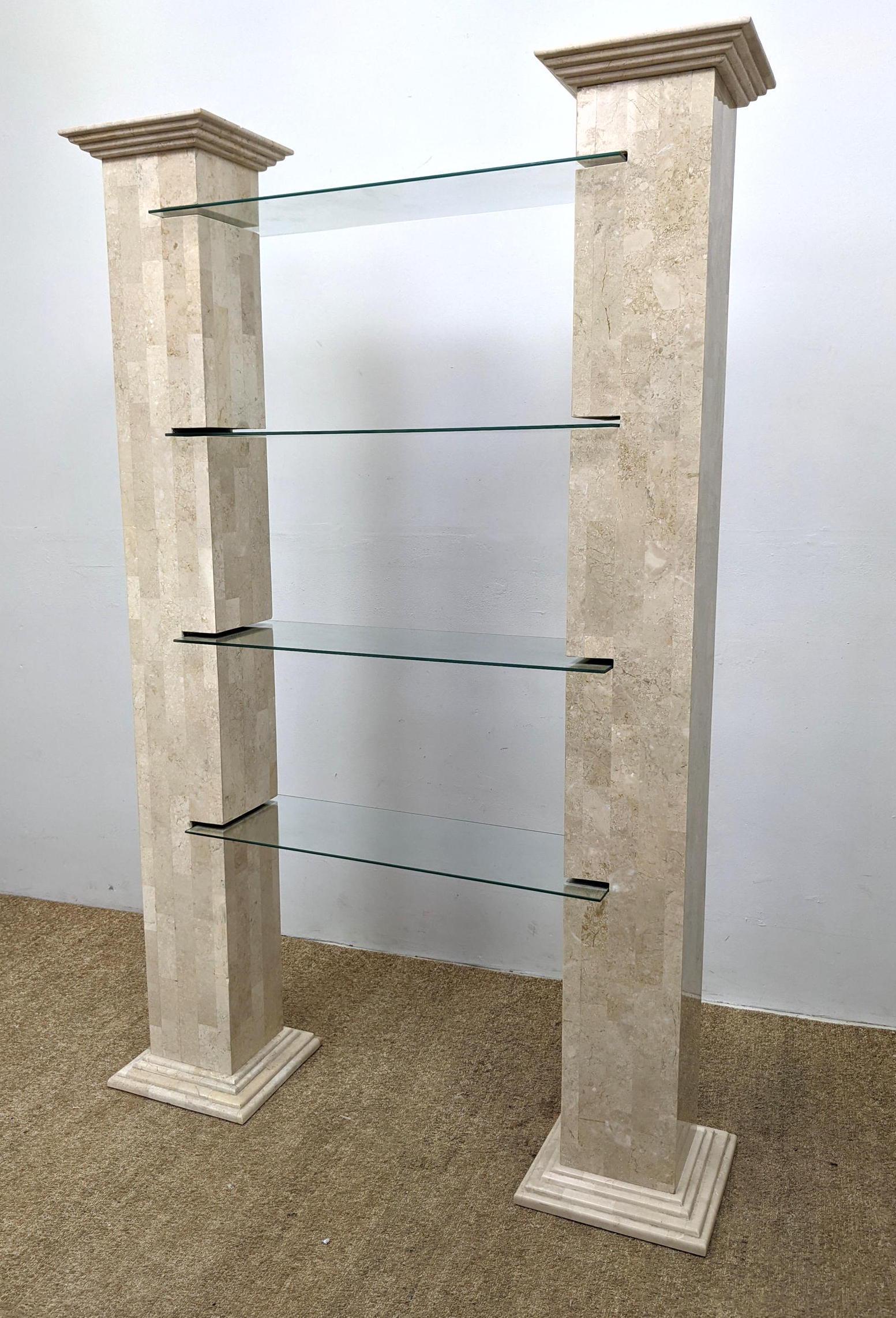Architectural Twin Travertine Marble Column Etagere. Gl: Architectural Twin Travertine Marble Column Etagere. Glass Shelves. Modernist Display Unit -- Dimensions: H: 80.5 inches: W: 13.25 inches: D: 13.25 inches ---