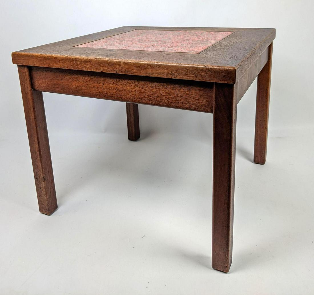 Probber style Enamel Top Table. Modern Wood Frame Table: Probber style Enamel Top Table. Modern Wood Frame Table with Inlaid Enamel Tile. Orange and gold enamel. -- Dimensions: H: 15.5 inches: W: 18 inches: D: 18 inches ---