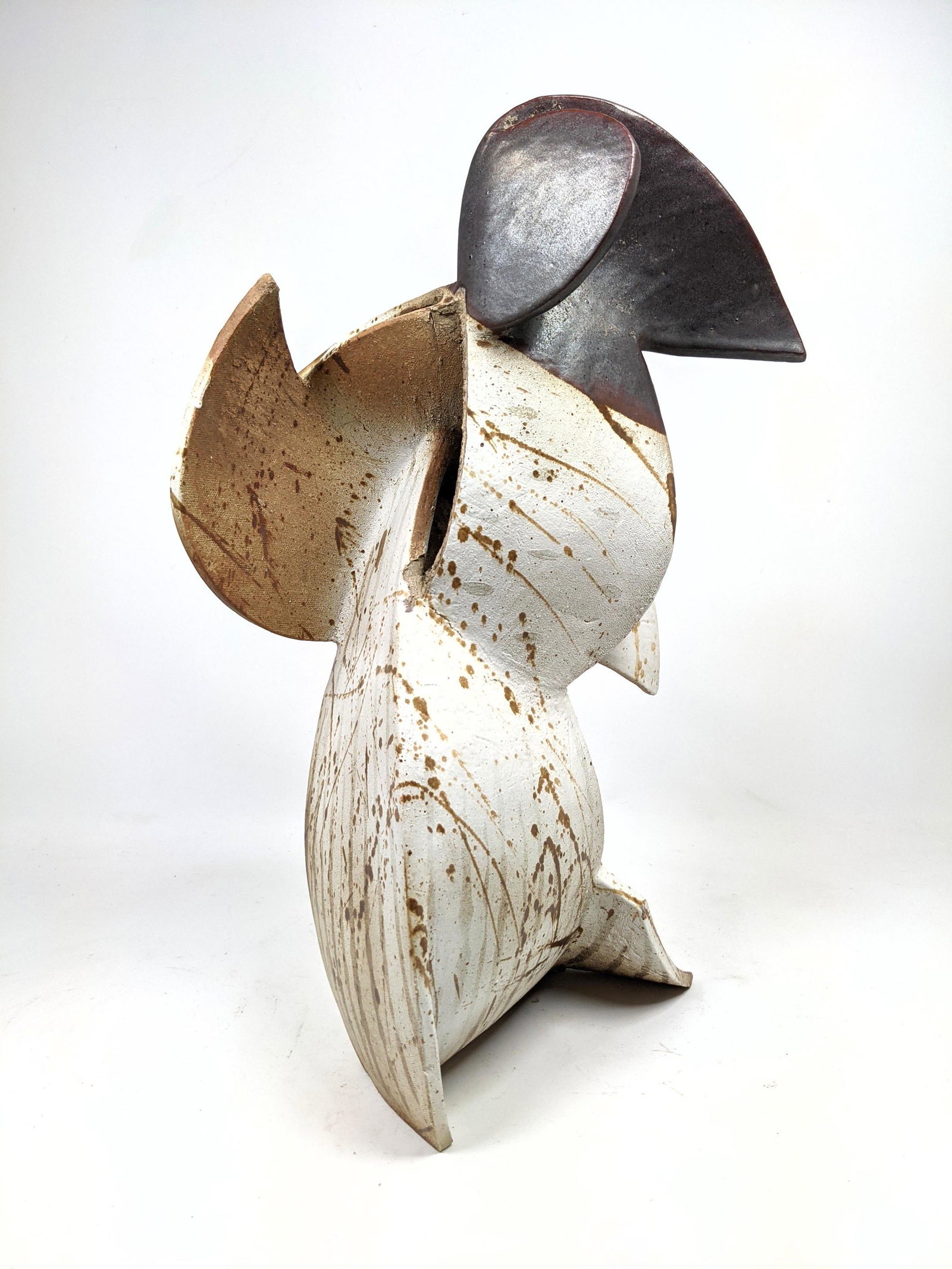 Glazed Pottery Figural Modernist Sculpture. Bird like a: Glazed Pottery Figural Modernist Sculpture. Bird like abstract form.-- Dimensions: H: 23 inches: W: 14 inches: D: 12 inches ---