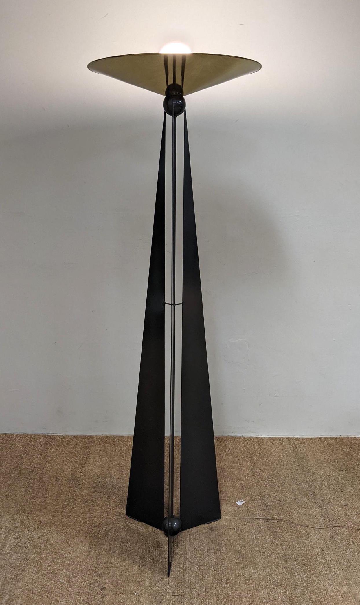 Large Memphis Style Brass and Metal Torchiere Floor Lam: Large Memphis Style Brass and Metal Torchiere Floor Lamp. Memphis Style. Three winged metal base supports wide brass saucer shade-- Dimensions: H: 73 inches: W: 23 inches: D: 23 inches ---