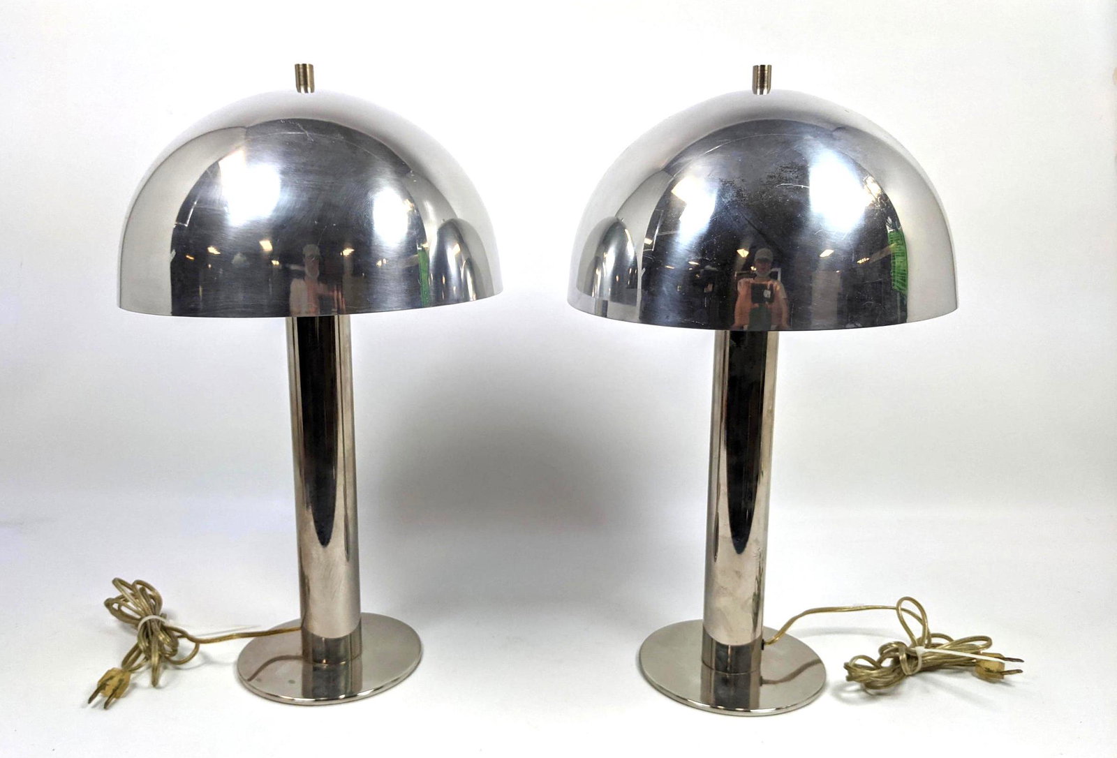 Pr Chrome Dome Shade Table Desk Lamps. Modernist Lighti: Pr Chrome Dome Shade Table Desk Lamps. Modernist Lighting.-- Dimensions: H: 20 inches: W: 12 inches: D: 12 inches ---