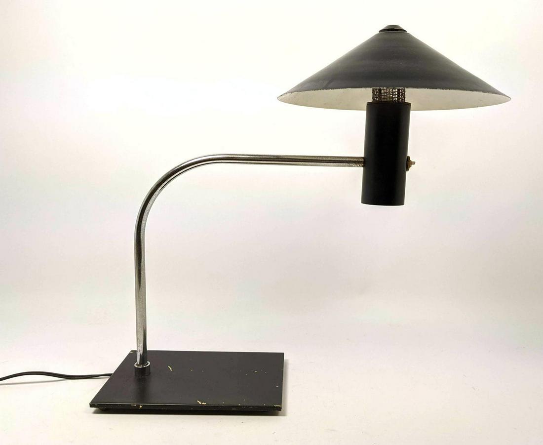 Mid Century Modern Task desk Lamp. Black enameled finis: Mid Century Modern Task desk Lamp. Black enameled finish. Some losses to black. Light spotting to Chrome. -- Dimensions: H: 17.5 inches: W: 18 inches: D: 10 inches ---