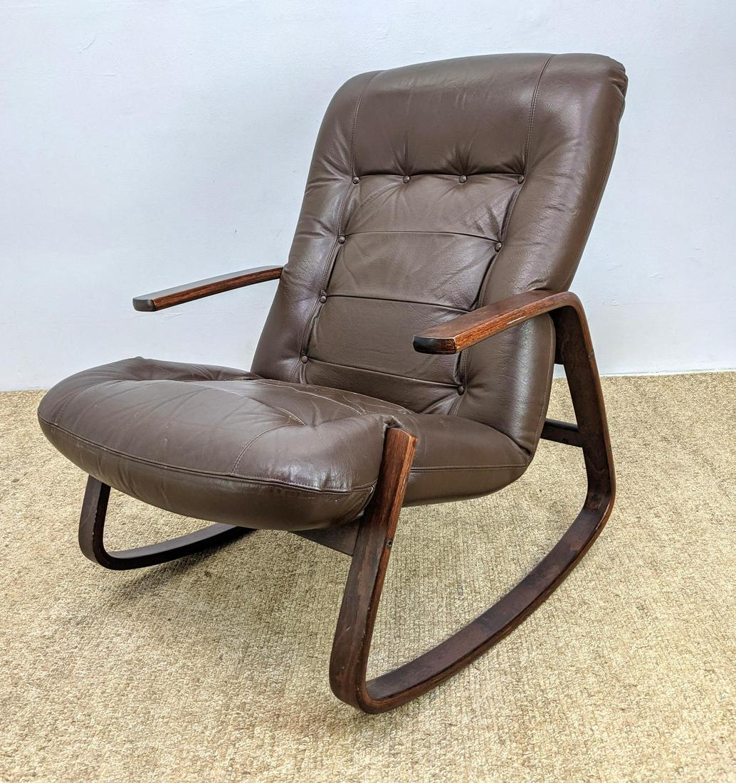 RELLING for Westnofa Style Wood Frame Rocking Chair Roc: RELLING for Westnofa Style Wood Frame Rocking Chair Rocker. Tufted Brown Cushion. UNMARKED.-- Dimensions: H: 37 inches: W: 28 inches: D: 36 inches ---