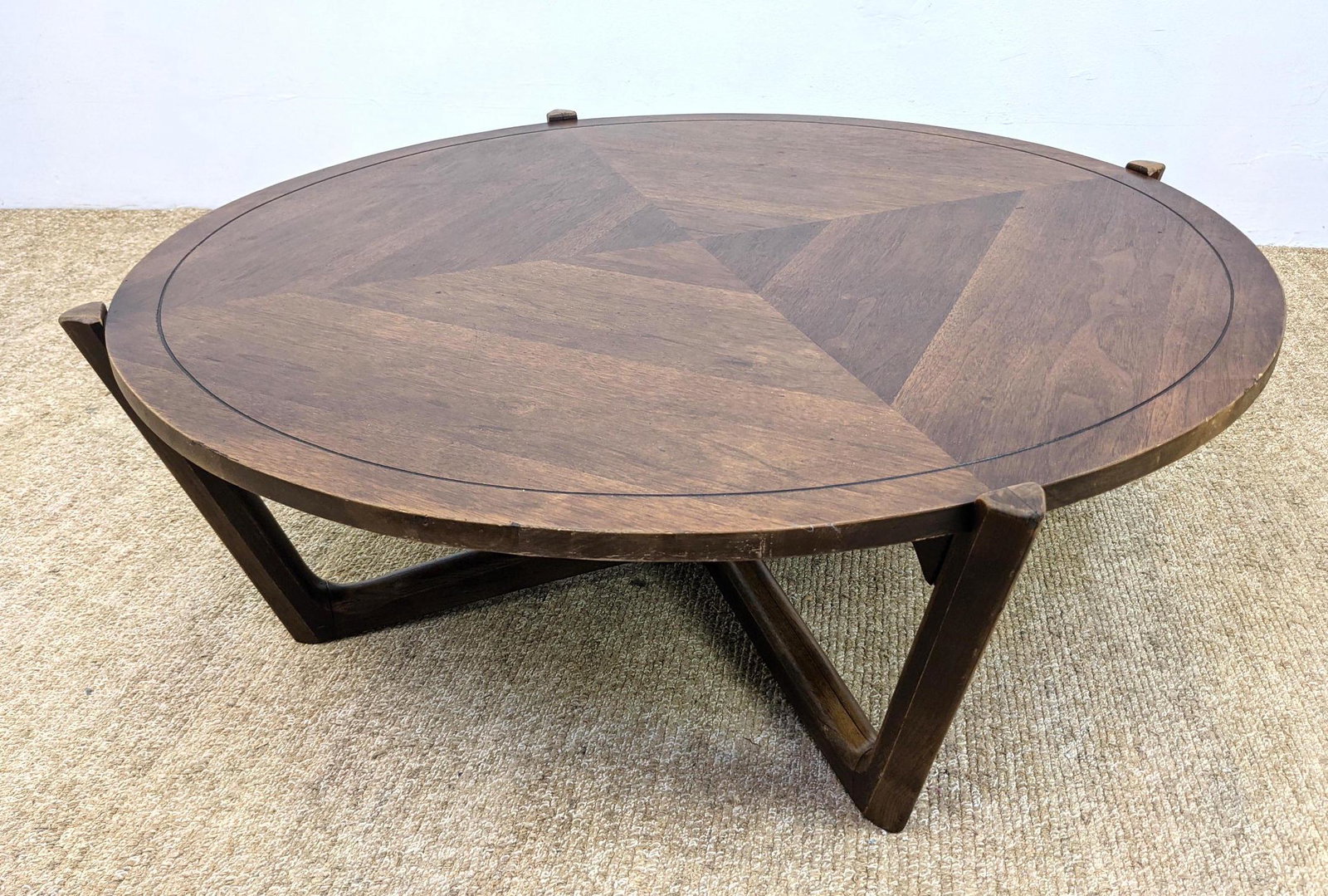 Modernist Round Coffee Table. Angled Cross Form Wood Ba: Modernist Round Coffee Table. Angled Cross Form Wood Base. -- Dimensions: H: 15 inches: W: 44.5 inches: D: 44.5 inches ---