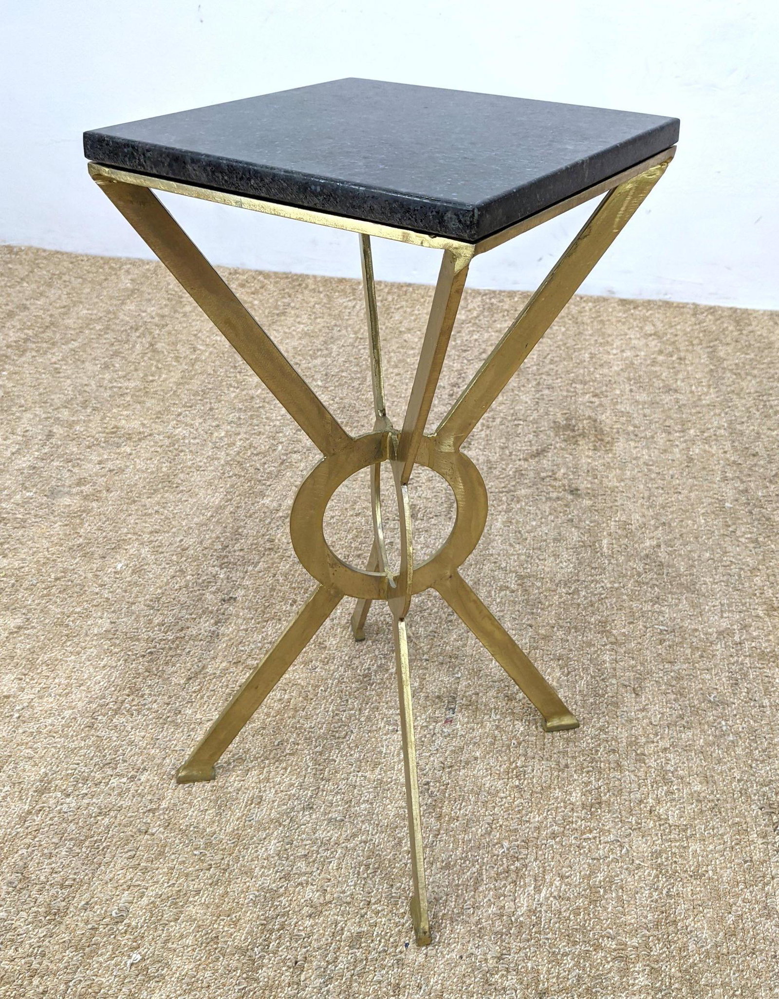 Small Square Brass Decorator Accent Table. Black Stone: Small Square Brass Decorator Accent Table. Black Stone Top. -- Dimensions: H: 23 inches: W: 11 inches: D: 11 inches ---