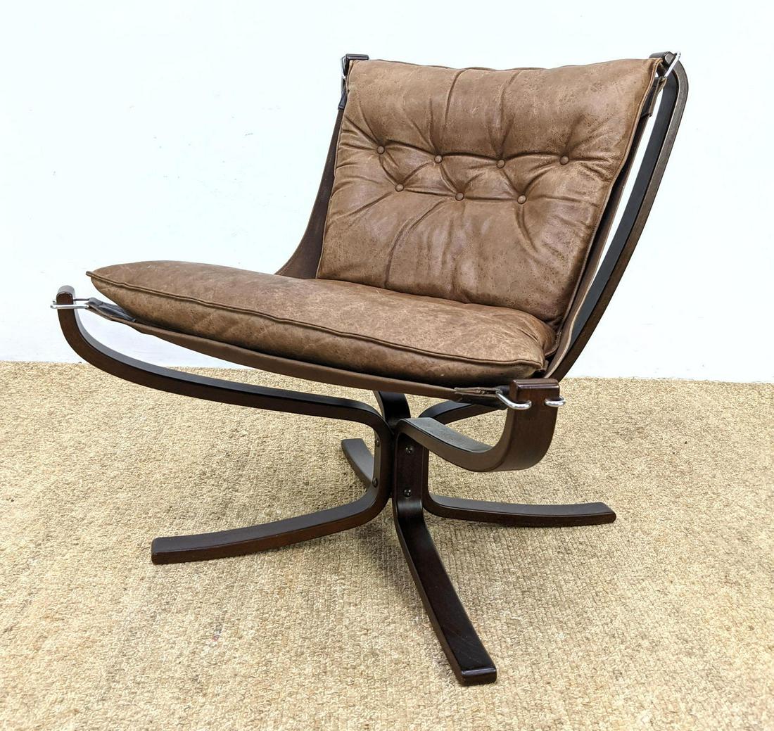 VATNE MOBLER Modernist Falcon Lounge Chair. Laminated W: VATNE MOBLER Modernist Falcon Lounge Chair. Laminated Wood Frame with Tufted Leather Sling Cushion. Marked Vatne Mobler. -- Dimensions: H: 32.5 inches: W: 30.5 inches: D: 28 inches ---