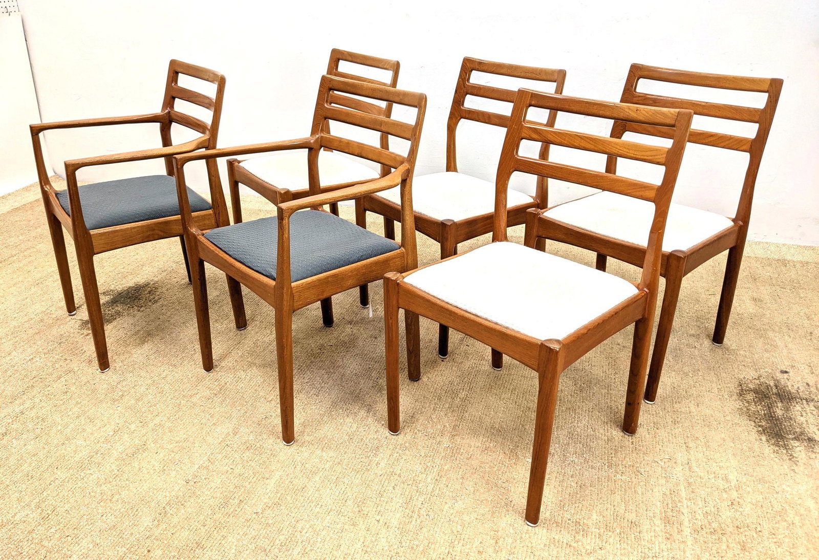 Set 6 Danish Modern Teak Dining Chairs. Two Arms. Four: Set 6 Danish Modern Teak Dining Chairs. Two Arms. Four Sides. Backrests with three bowed bars. -- Dimensions: H: 32 inches: W: 22 inches: D: 20 inches ---
