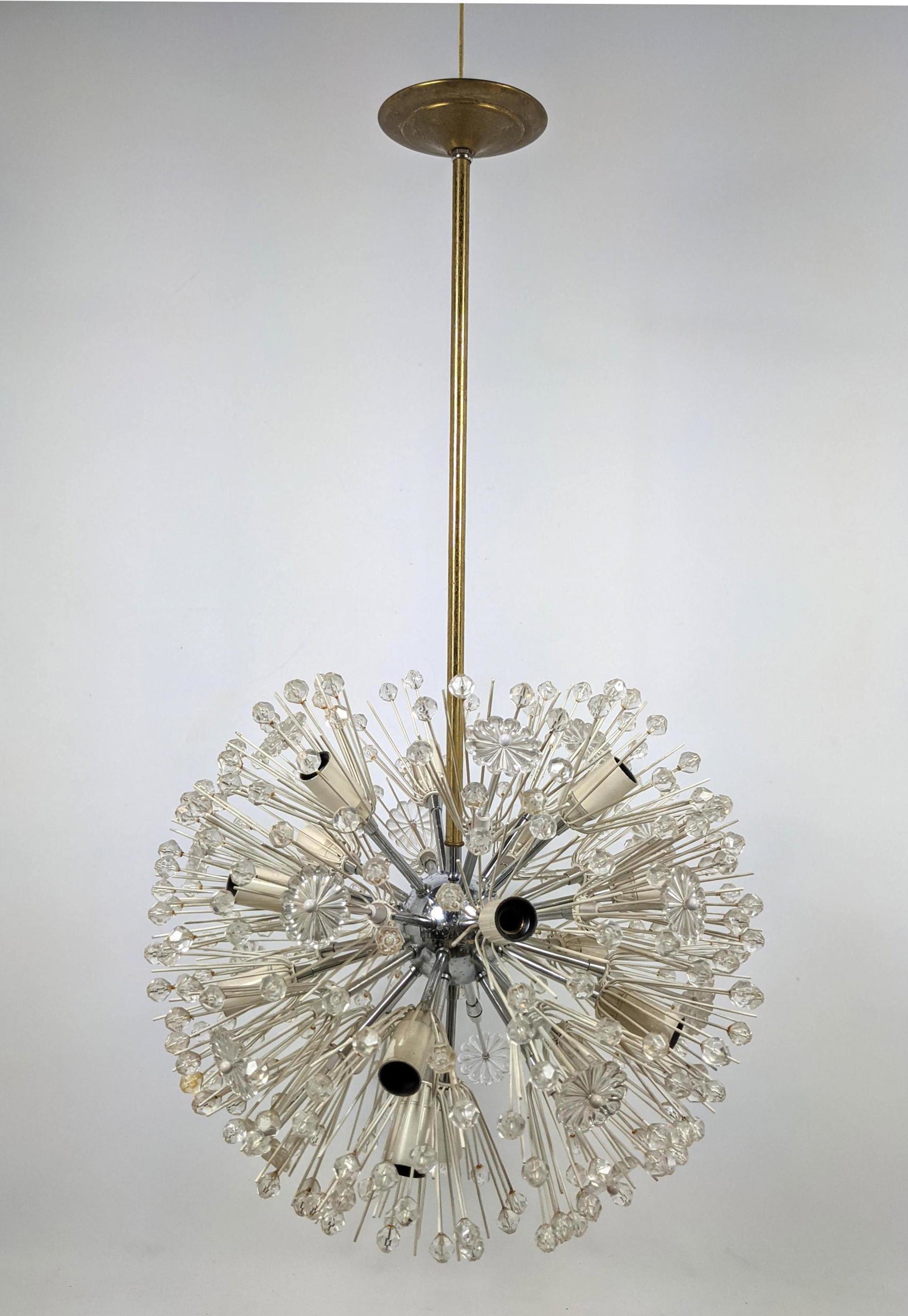 EMIL STEJNAR Dandelion form Hanging Pendant Chandelier.: EMIL STEJNAR Dandelion form Hanging Pendant Chandelier. Metal armature with rosettes and faceted crystal accents-- Dimensions: H: 31 inches: W: 17 inches: D: 17 inches ---