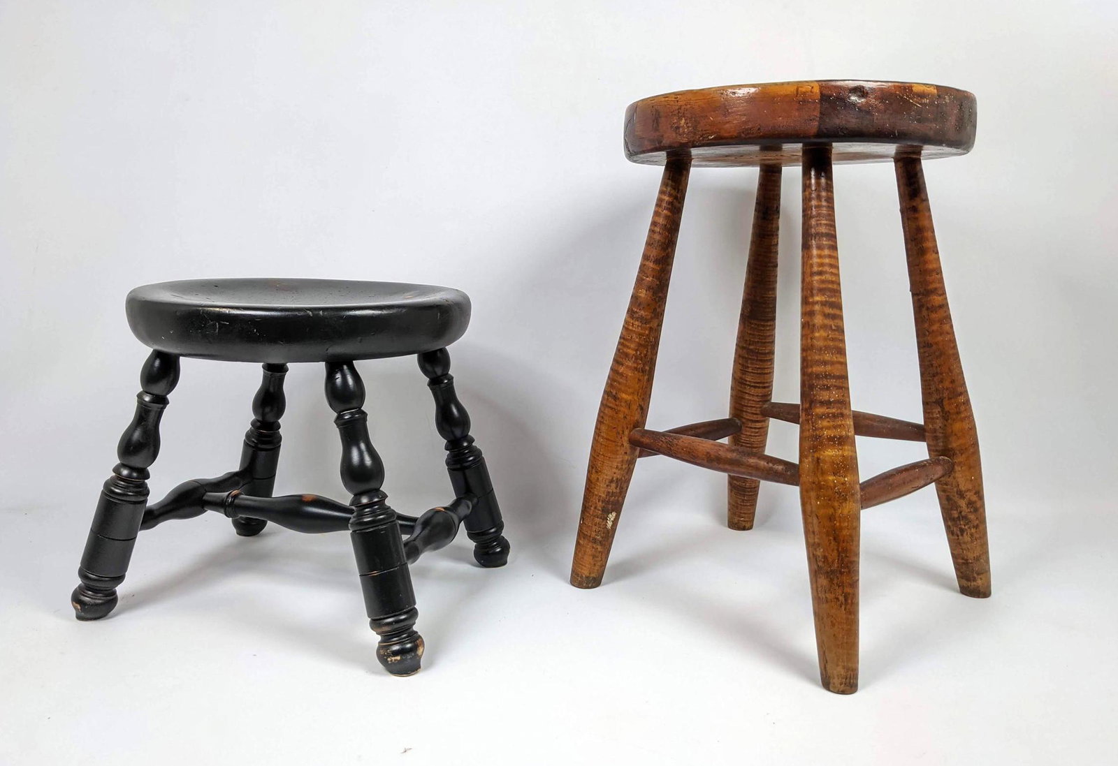 2pc Wood Stools. Butcher Block Seat with tiger maple le: 2pc Wood Stools. Butcher Block Seat with tiger maple legs. J.FIANT 1990 Ebonized Spindle Leg Stool. -- Dimensions: H: 18 inches: W: 11.5 inches: D: 11.5 inches ---